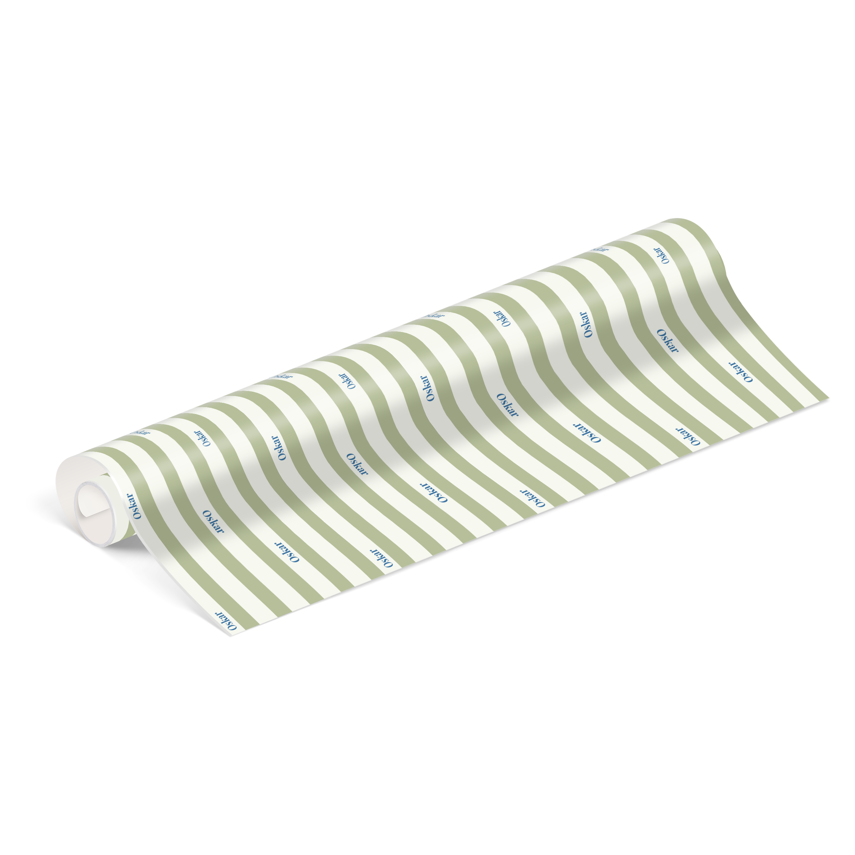 Personlig gavepapir med grønne og hvite striper, trykket med navnet "Oskar".