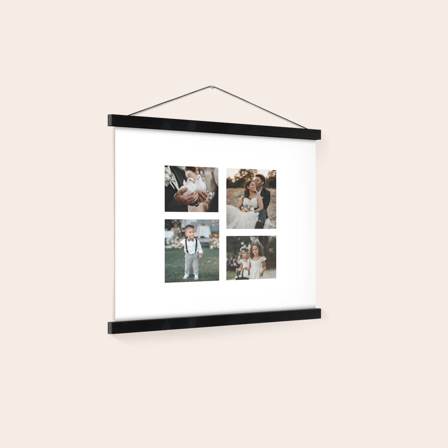 Póster personalizado com suporte Póster personalizado com quatro fotos impressas, suspenso em cabide de madeira preta, para imortalizar momentos