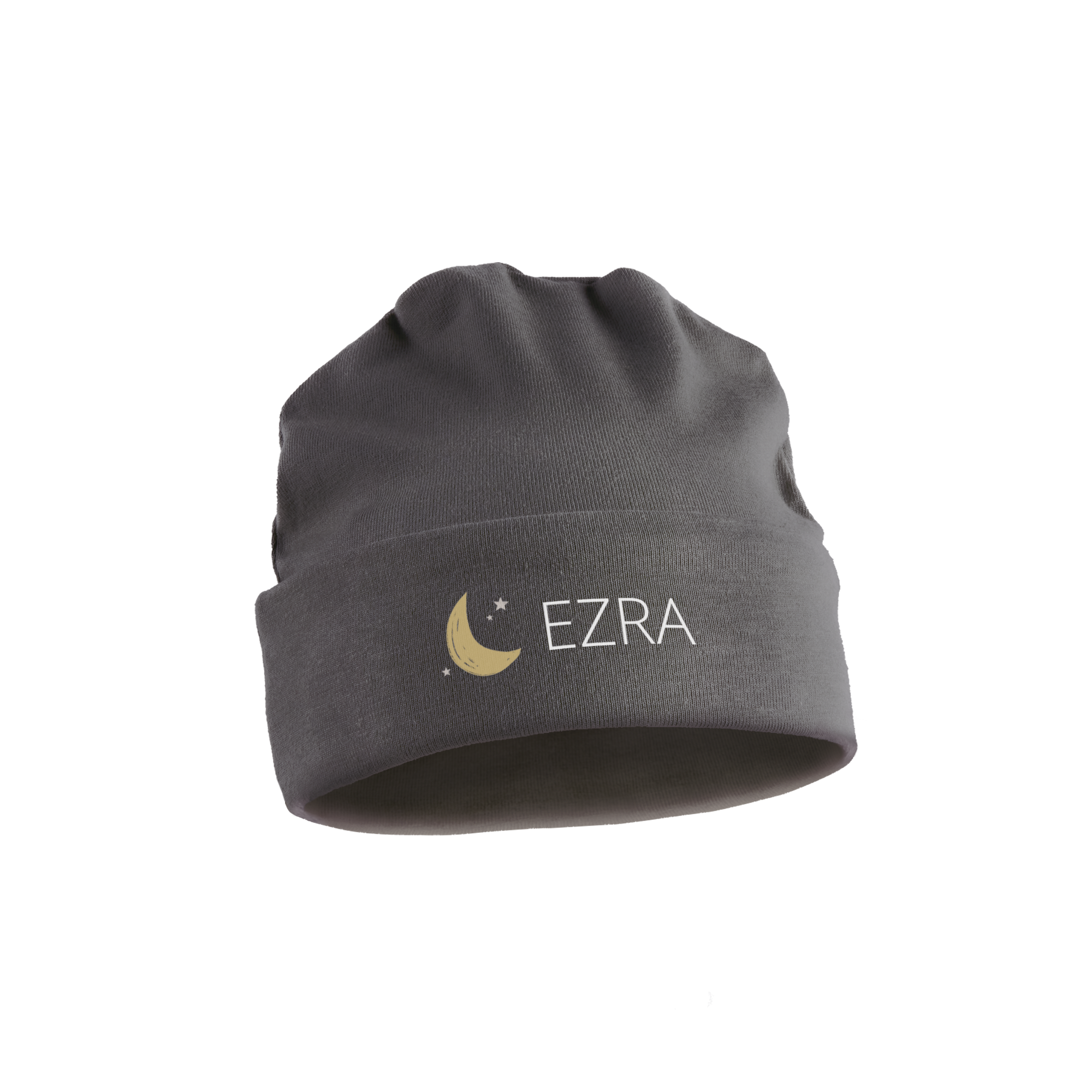 Gray printed baby hat with a moon, stars, and the name Ezra