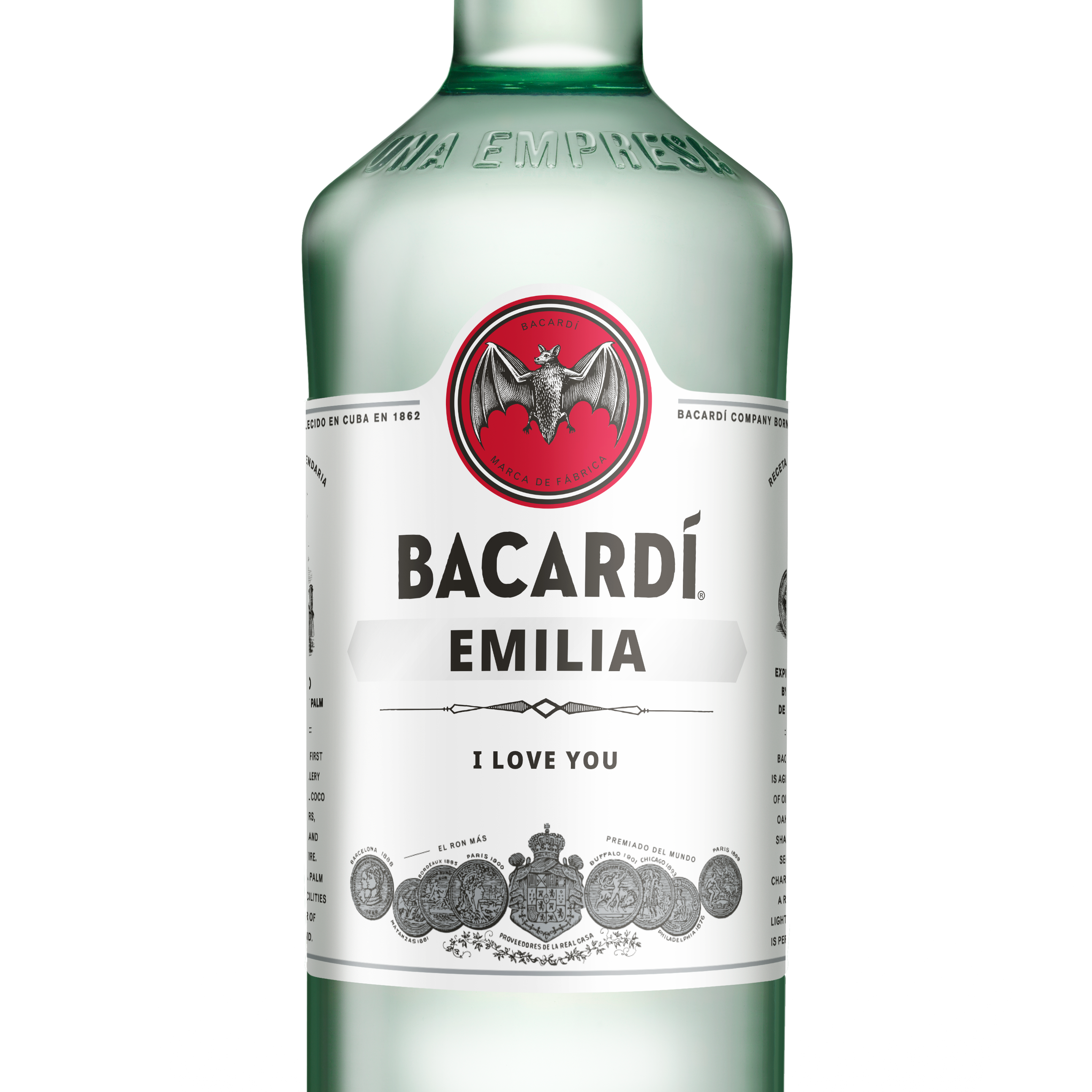 Bouteille de Bacardi Carta Blanca 0,7L avec étiquette personnalisée imprimée "Emilia I love you".