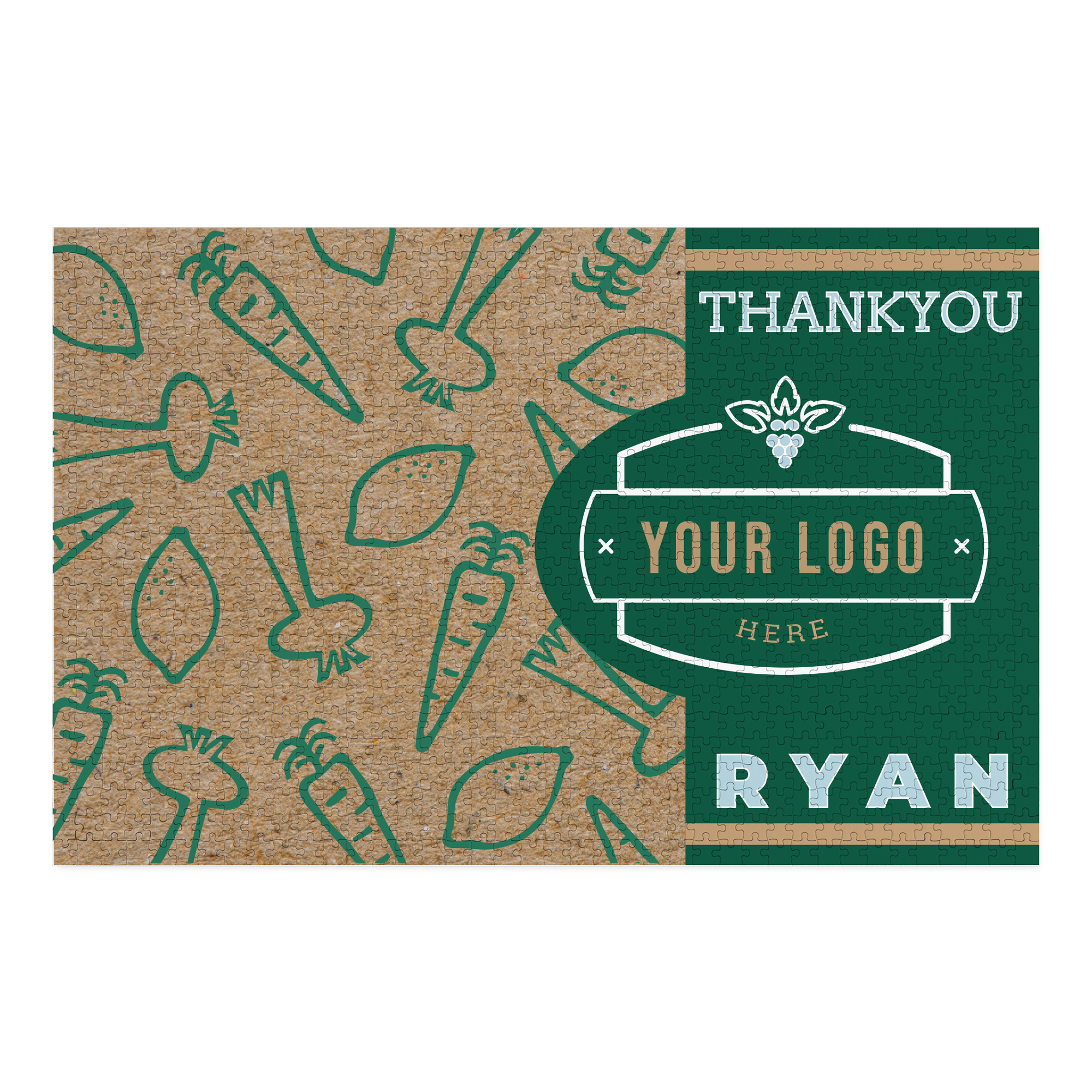 Henkilökohtainen palapeli omalla kuvalla, jossa on kuvioituja vihanneksia ja teksti Thank You Your Logo Ryan, painettu korkealaatuisesti.