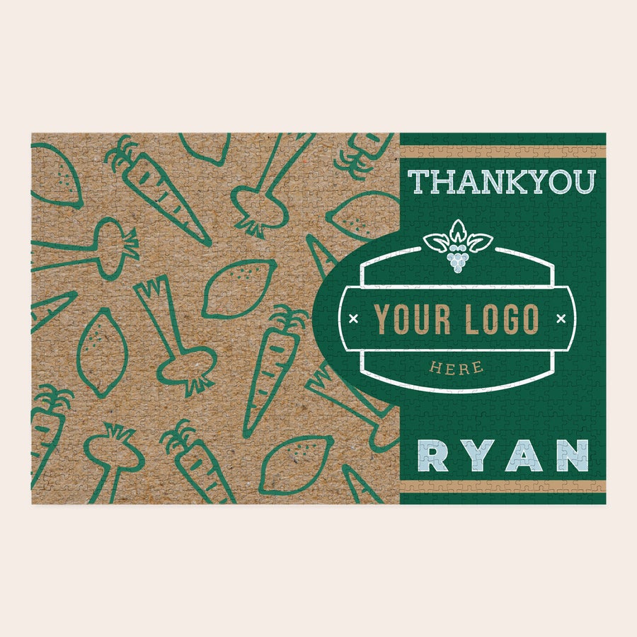 Pussel med egen bild Personligt pussel med gröna grönsaker, texten THANKYOU YOUR LOGO HERE och namnet RYAN, tryckt med egna foton och/eller text
