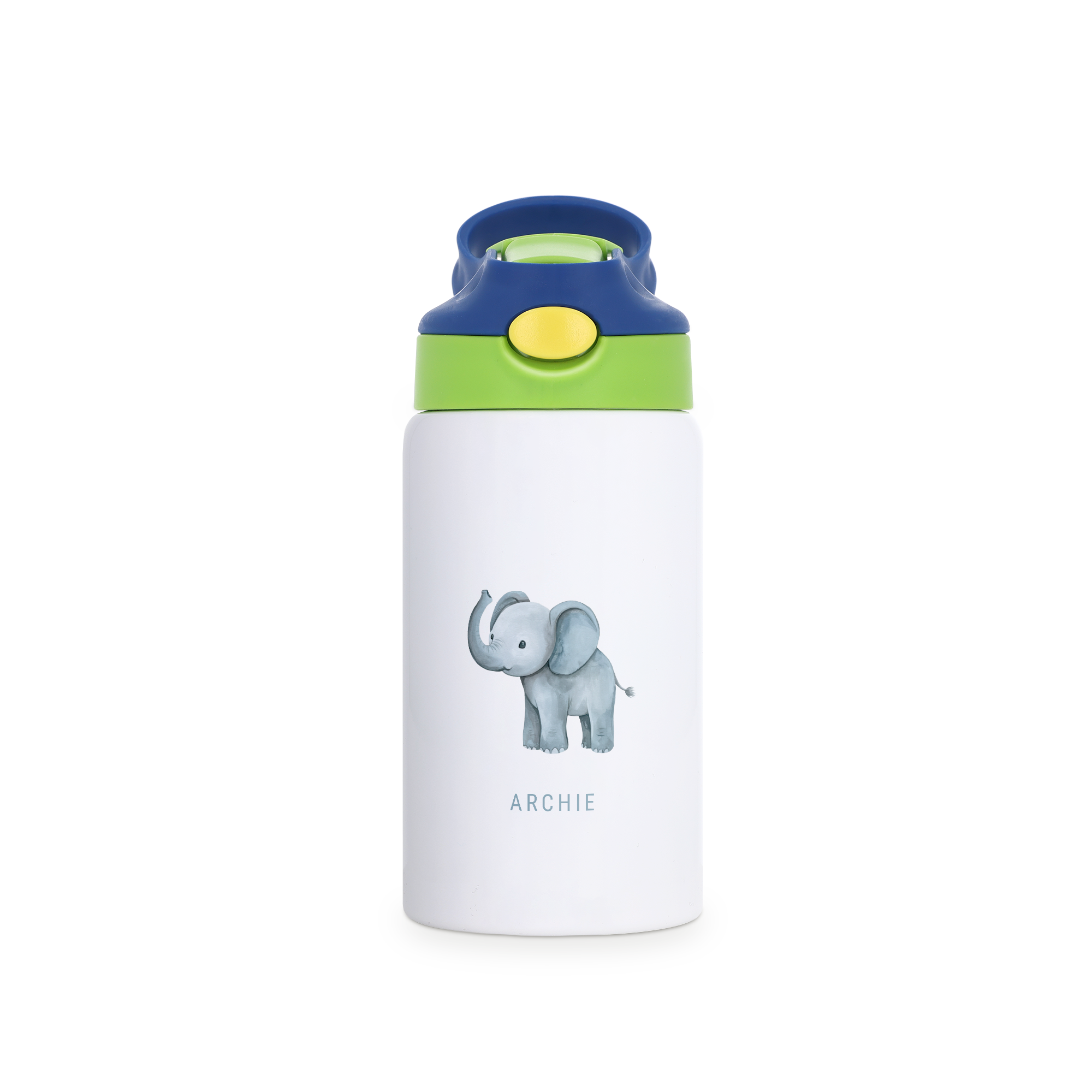 Garrafa de água infantil branca com tampa azul e verde, estampa de elefante e nome Archie, personalizada com foto.