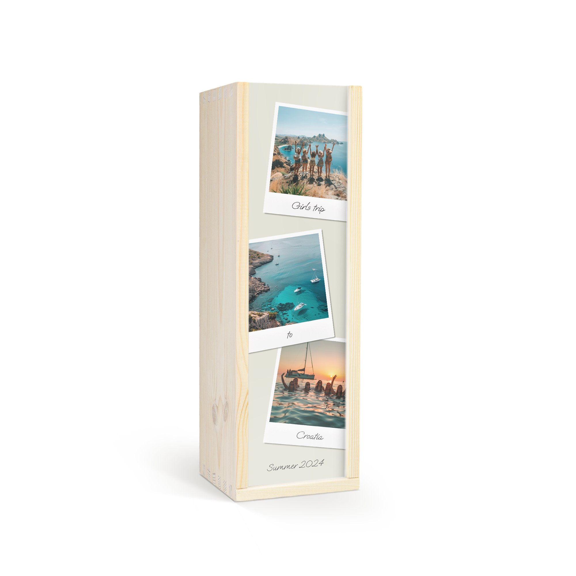 Luxe bedrukte wijnkist met foto collage van een vakantie, waaronder Girls trip Croatia Summer 2024.