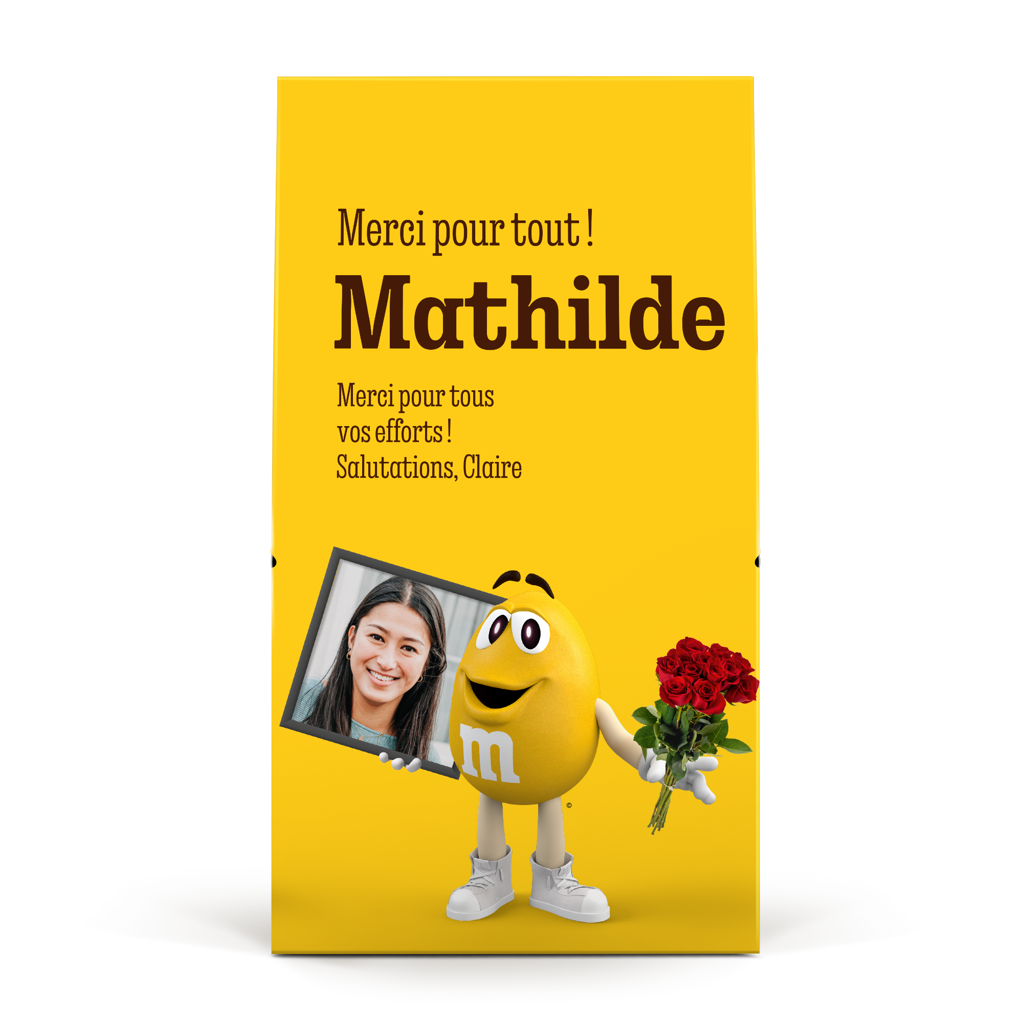 Coffret cadeau XL M&M's personnalisable avec photo de femme, le nom Mathilde et le texte Merci pour tout