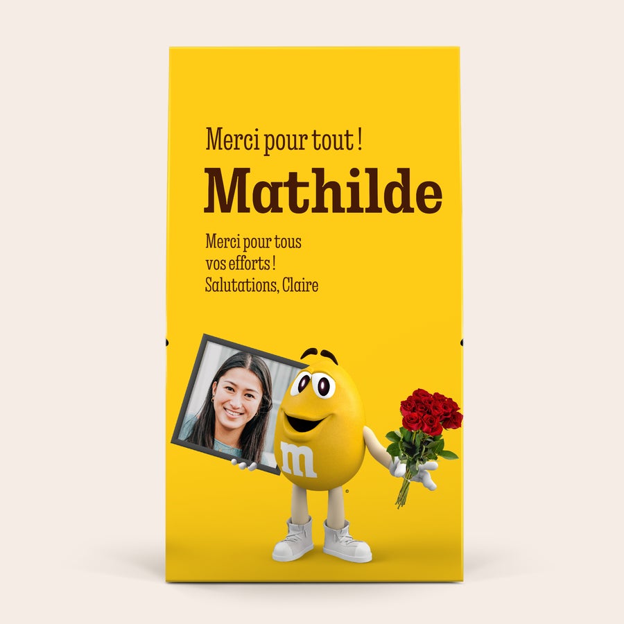 Boîte cadeau personnalisée XL M&M's - 6 sachets (714 grammes) Coffret cadeau XL M&M's personnalisable avec photo de femme, le nom Mathilde et le texte Merci pour tout