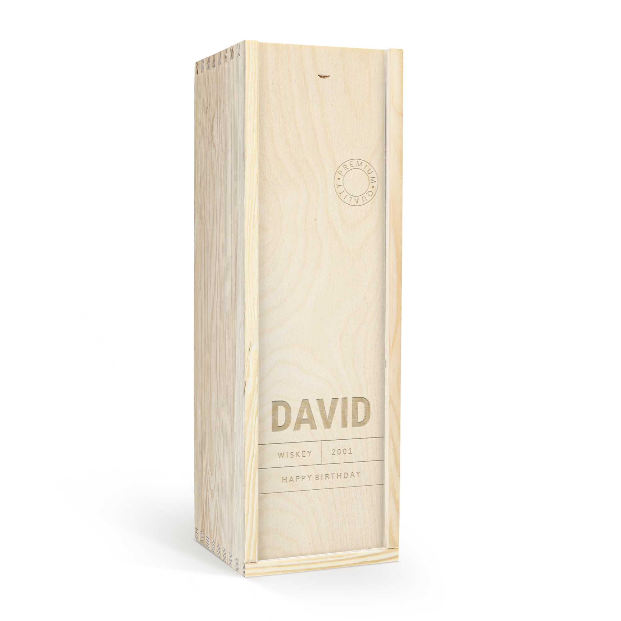 The Balvenie whisky in an engraved wooden case personalized with the name David and a Happy Birthday message.