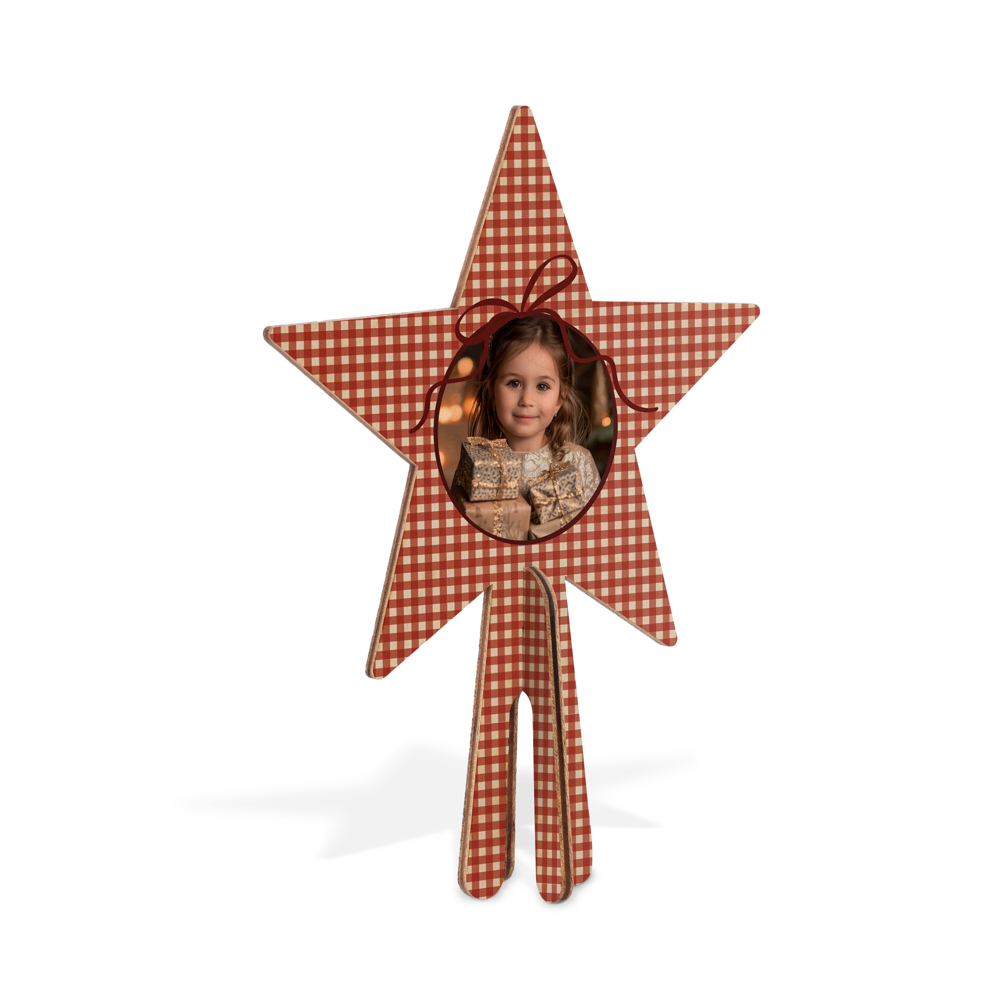 Wooden Christmas tree topper in red and white gingham with a printed photo of a young girl
