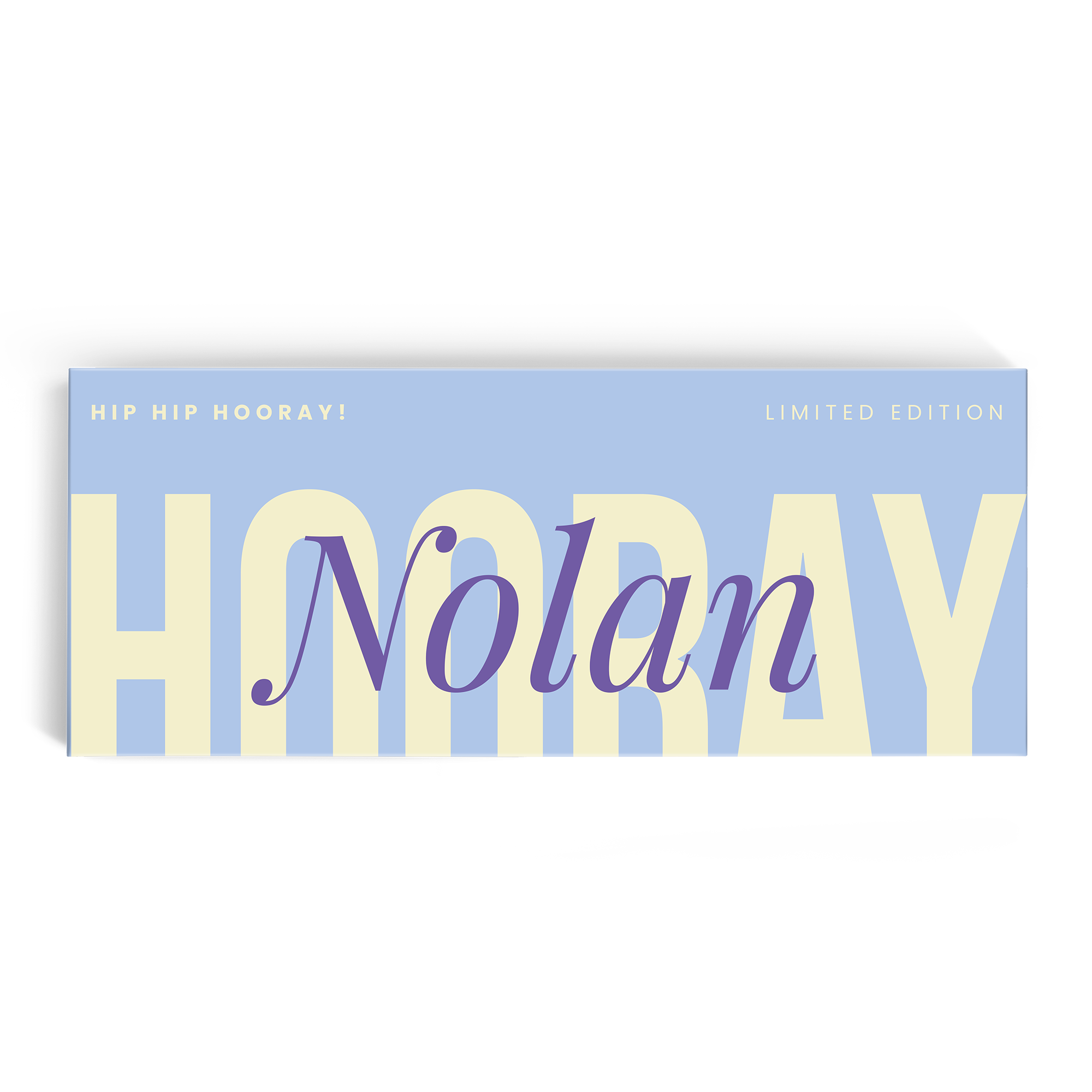 Personalised Mega chocolate bar - Ritter Sport - 8 bars, custom printed with the name Nolan on a blue and yellow Hooray design.