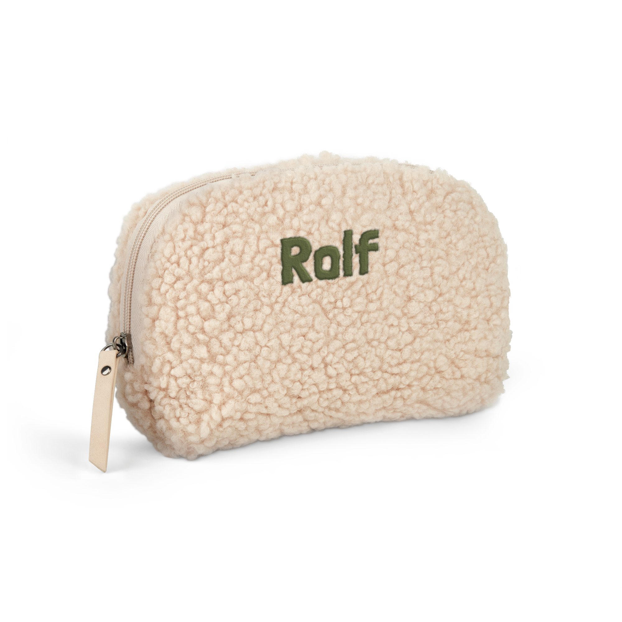 Blød plys makeup taske med navnet Rolf broderet i grøn, til at have alting lige ved hånden.