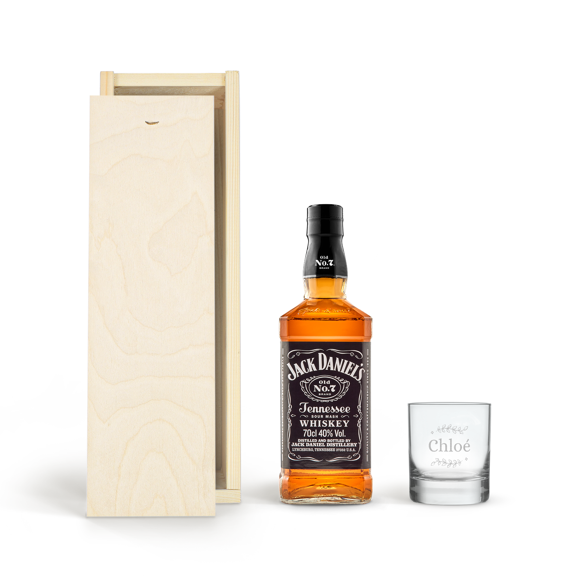 Coffret à whisky Jack Daniels avec bouteille et verre à whisky gravé prénom Chloé