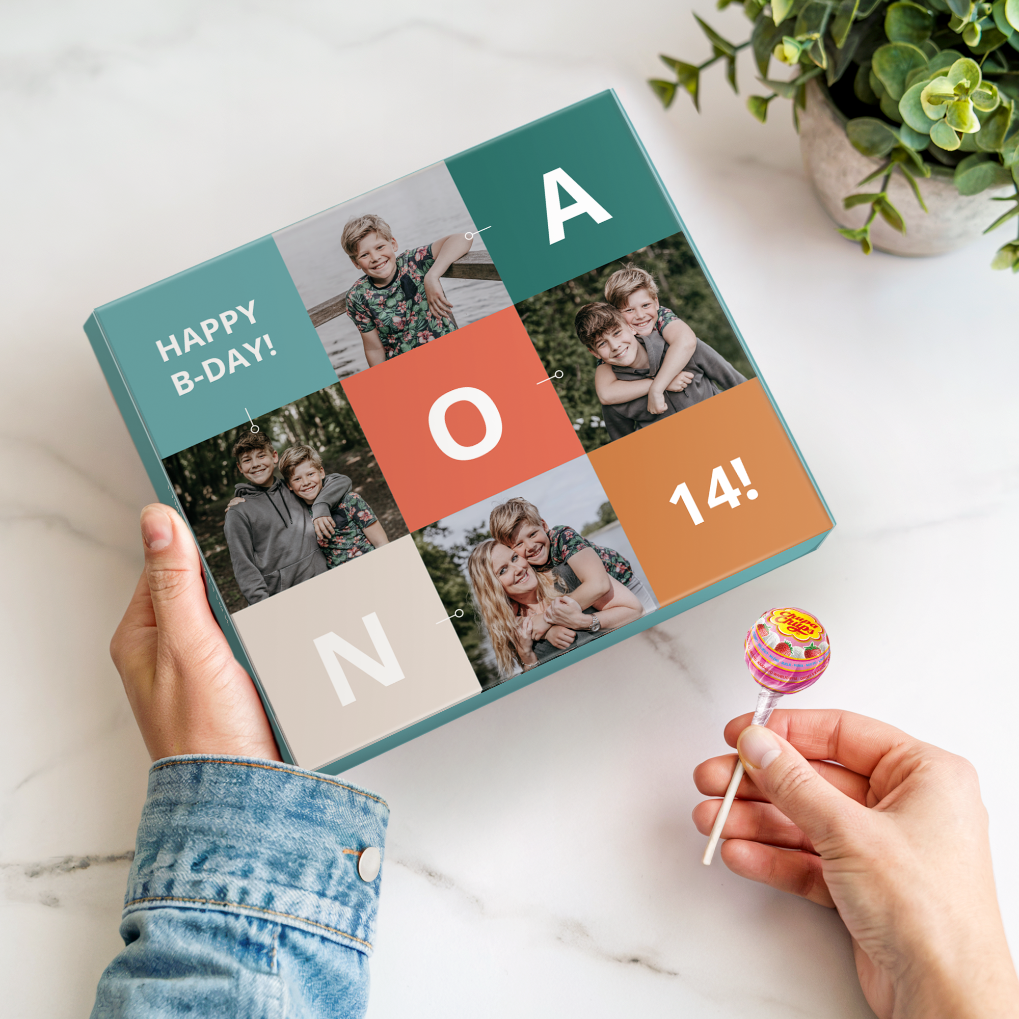 Coffret cadeau Chupa Chups pour boîte aux lettres avec photo, message Joyeux anniversaire et le chiffre 14 imprimés