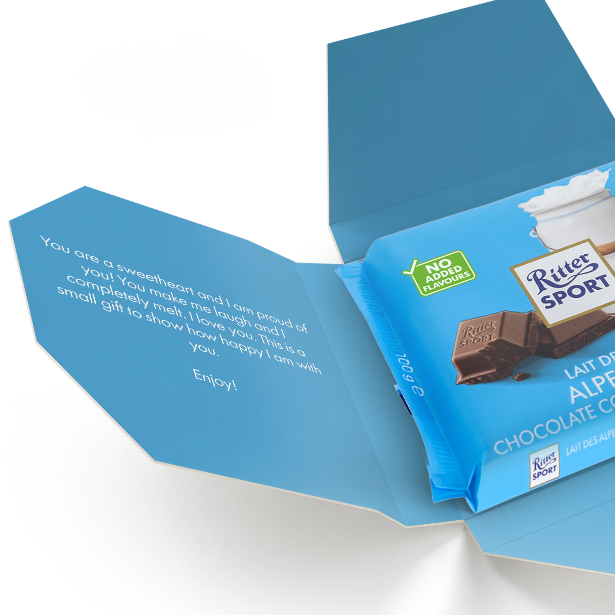 Chocolate Ritter Sport personalizado - Alpine Milk en caja azul impresa con un mensaje tierno