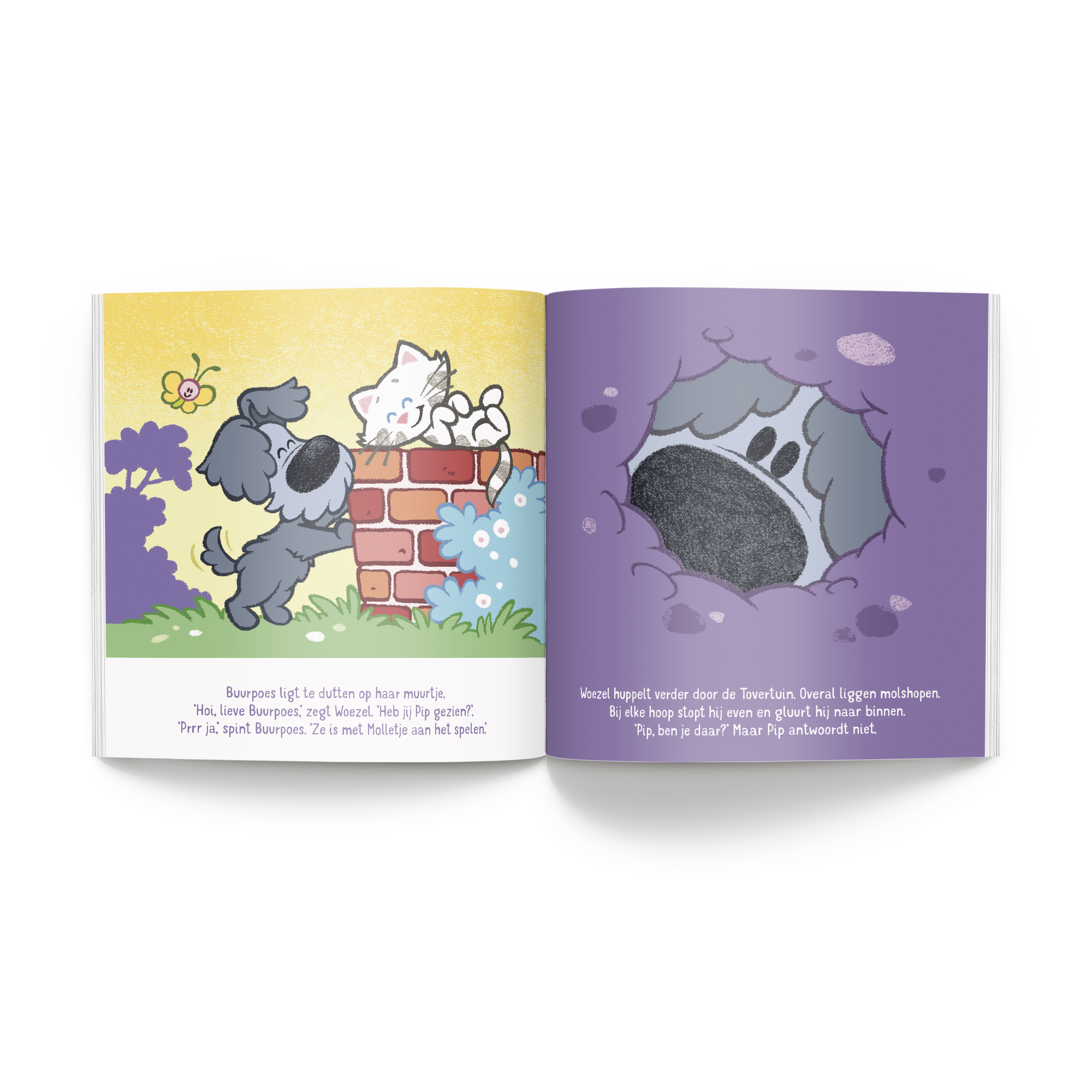 Openstaand Woezel & Pip boek Spelen met jou (Softcover) met gepersonaliseerde naam en foto met kleurrijke illustraties en tekst voor kinderen.