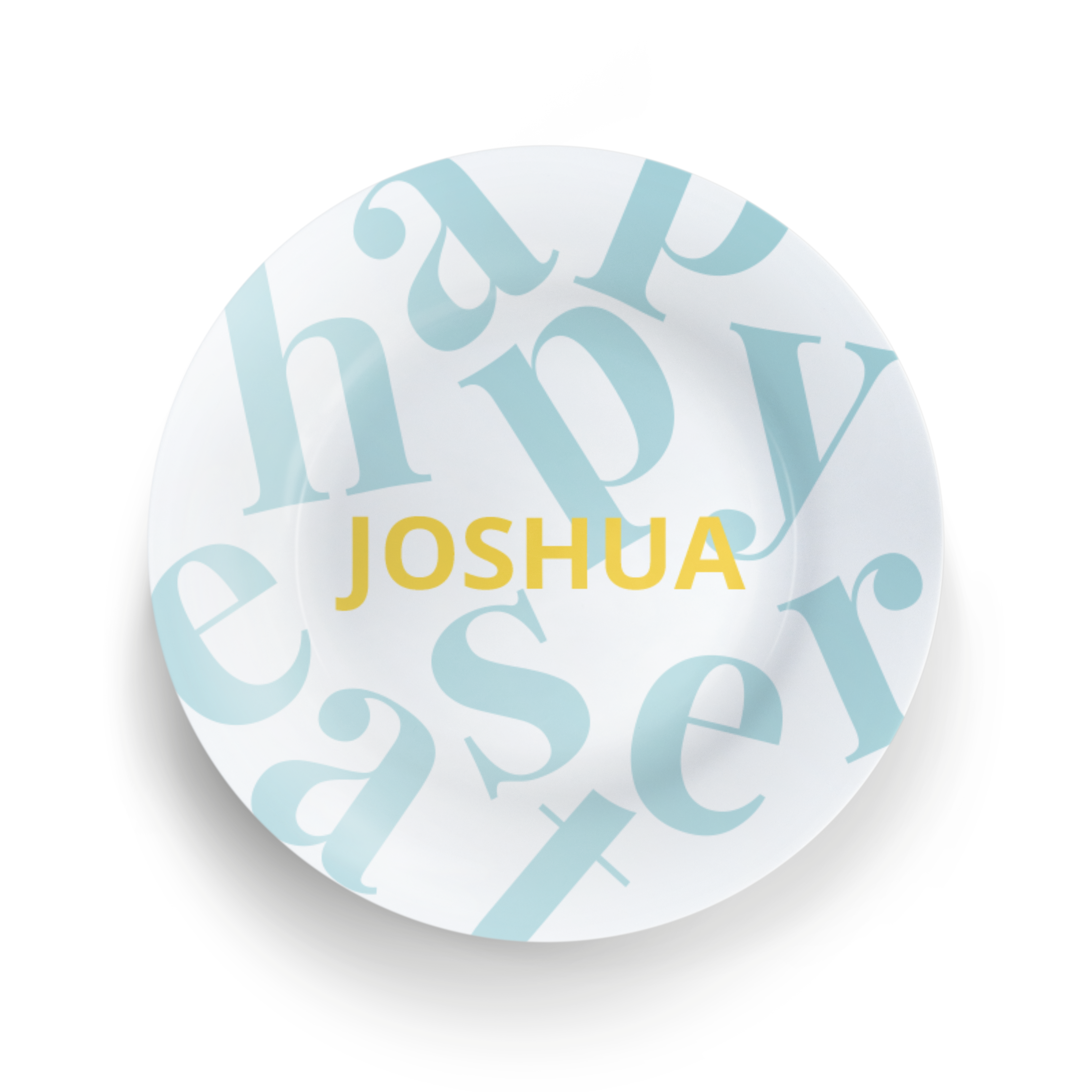 Rund hvid personlig påskeplade med ordet happy easter og navnet JOSHUA, trykt i blå og gul.