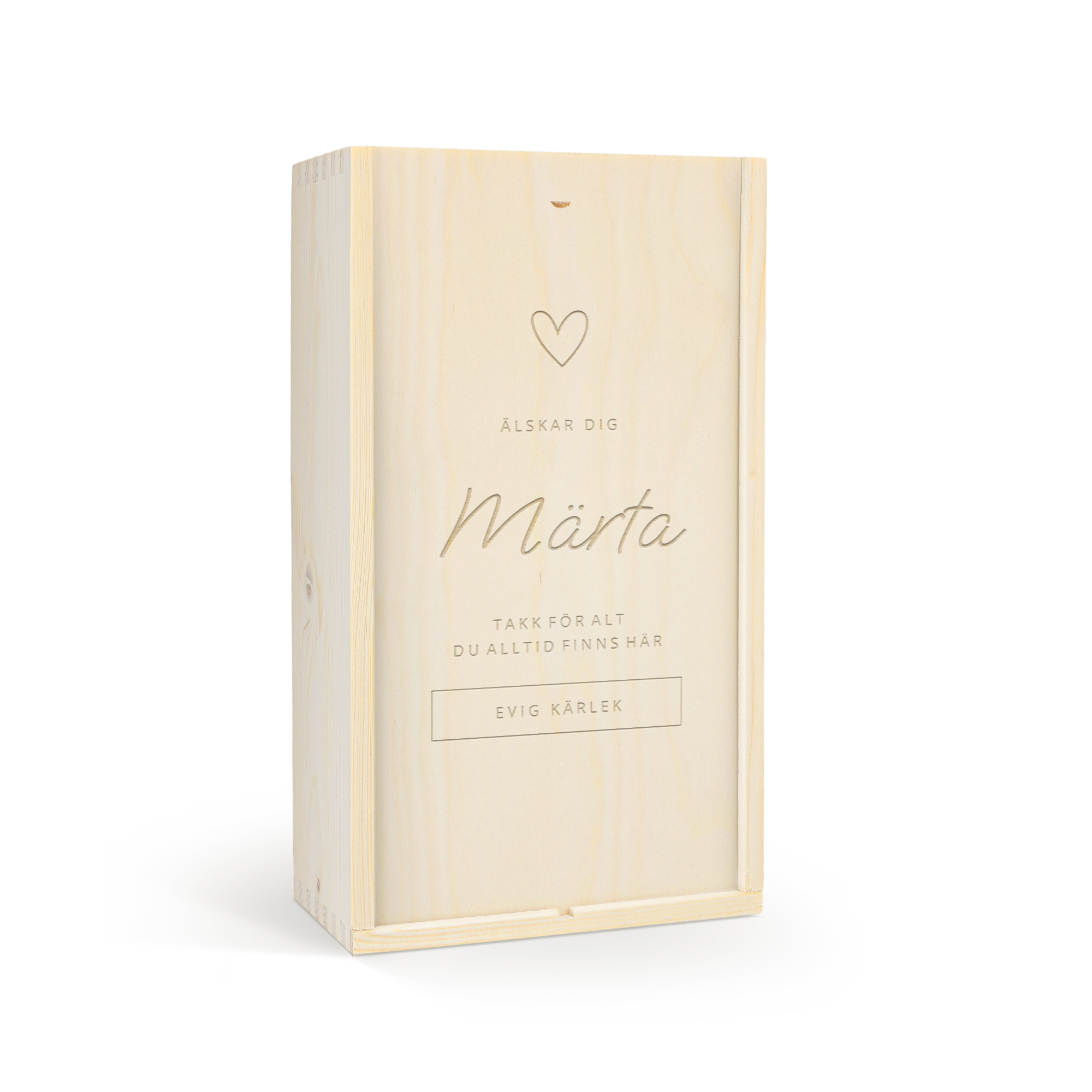Lyxig vinlåda av ljust trä graverad med texten "ÄLSKAR DIG" hjärta "Märta" och "EVIG KÄRLEK"