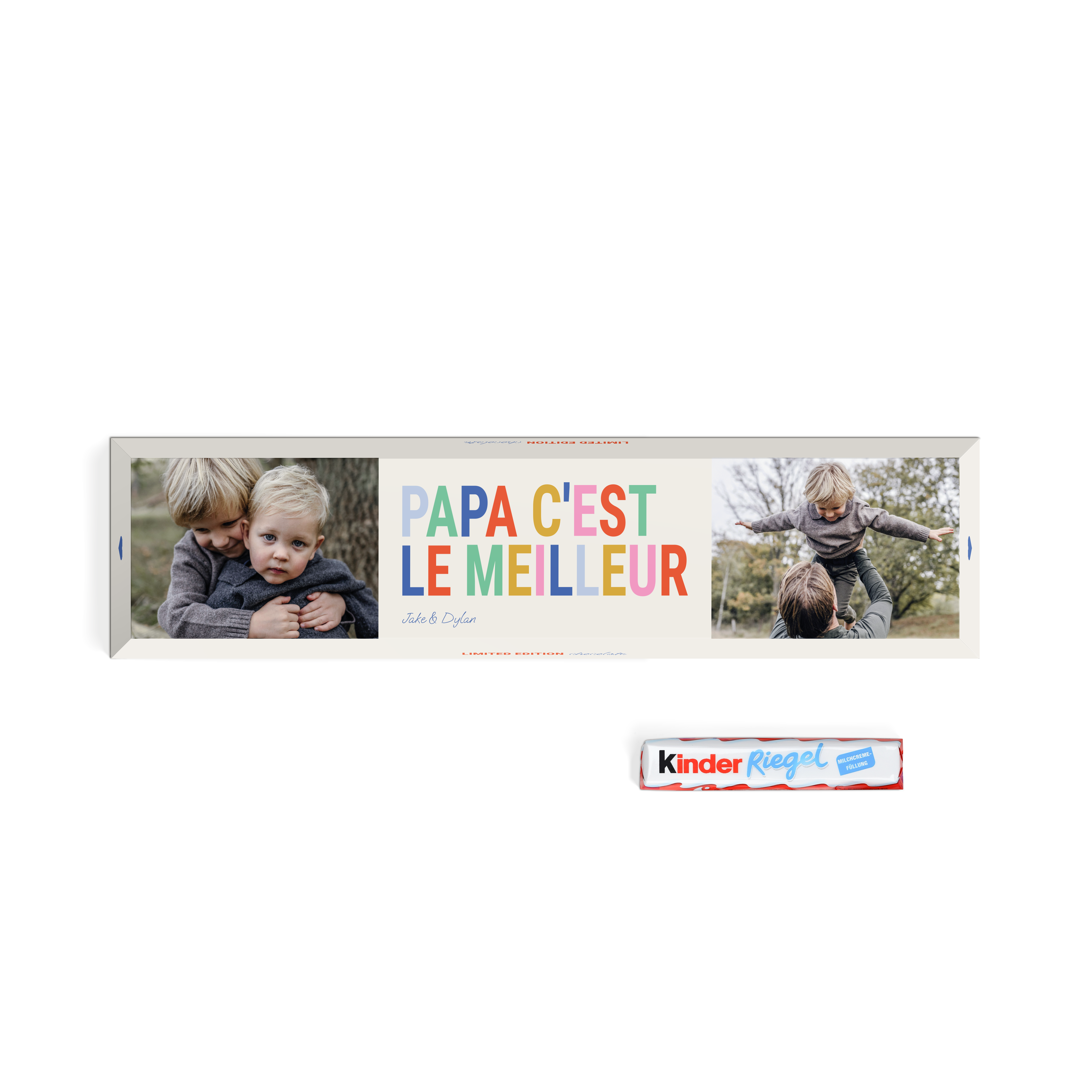 Barre de chocolat Kinder XXL avec nom personnalisée avec une photo et le texte Papa c'est le meilleur.