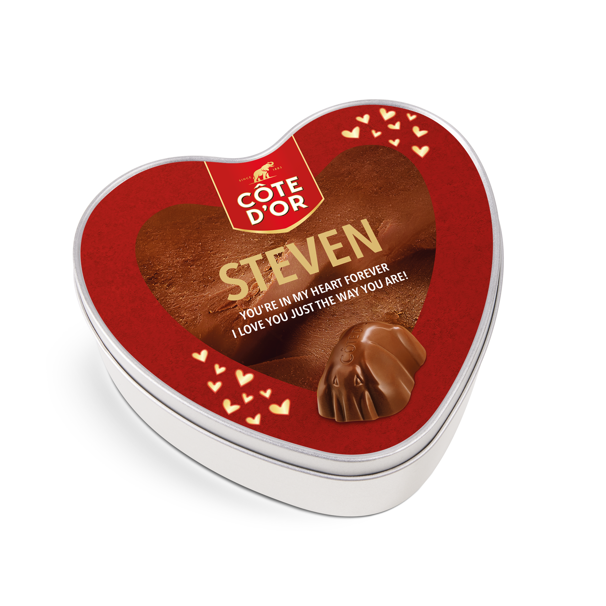 Personalised gift tin Heart Côte dOr Mini Bouchée Chocolate Box with a printed name Steven and message Youre in my heart forever I love you just the way you are