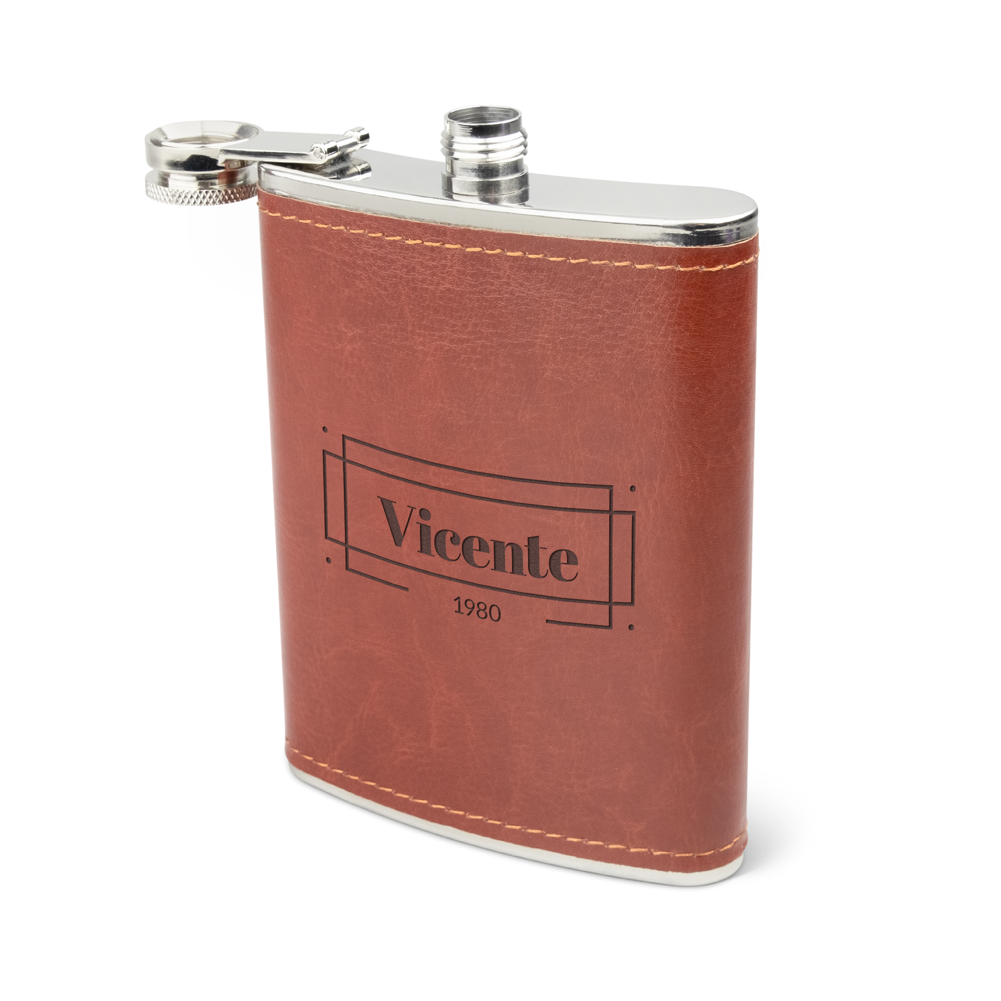 Frasco de quadril de couro gravado com o nome Vicente e o ano 1980