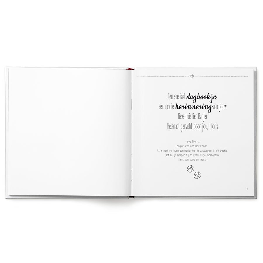 Boek "Lief huisdier, omdat ik je zo mis" met naam