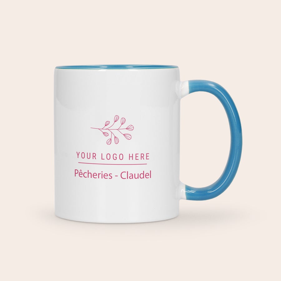 Mug personnalisé coloré Mug bleu personnalisé avec logo et texte pour le bureau ou la maison, imprimé avec motif et "Pêcheries - Claudel".