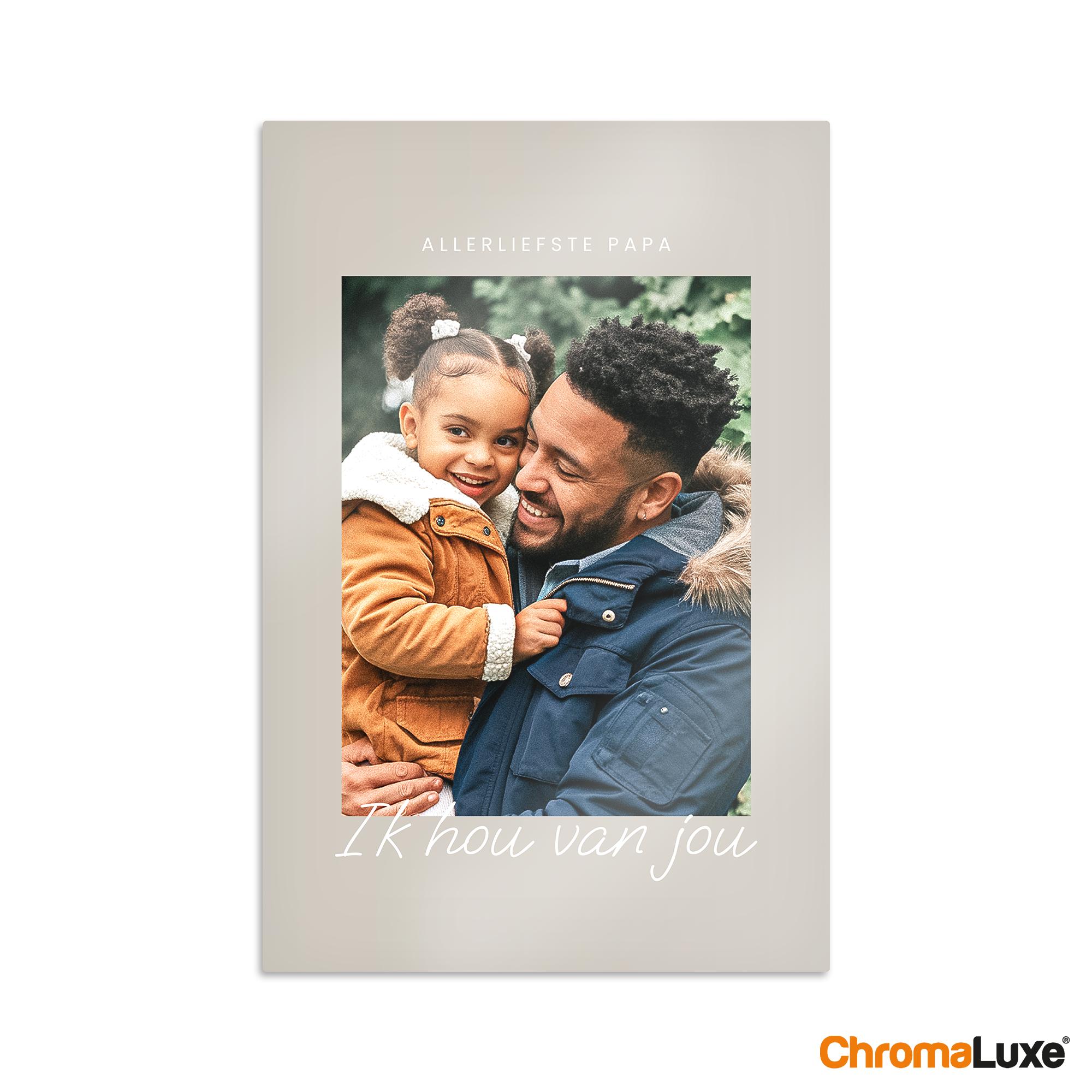 Aluminium Instacollage met foto van een vader en dochter, bedrukt met de tekst Allerliefste Papa en Ik hou van jou, voor jouw Instafoto's direct aan de muur.