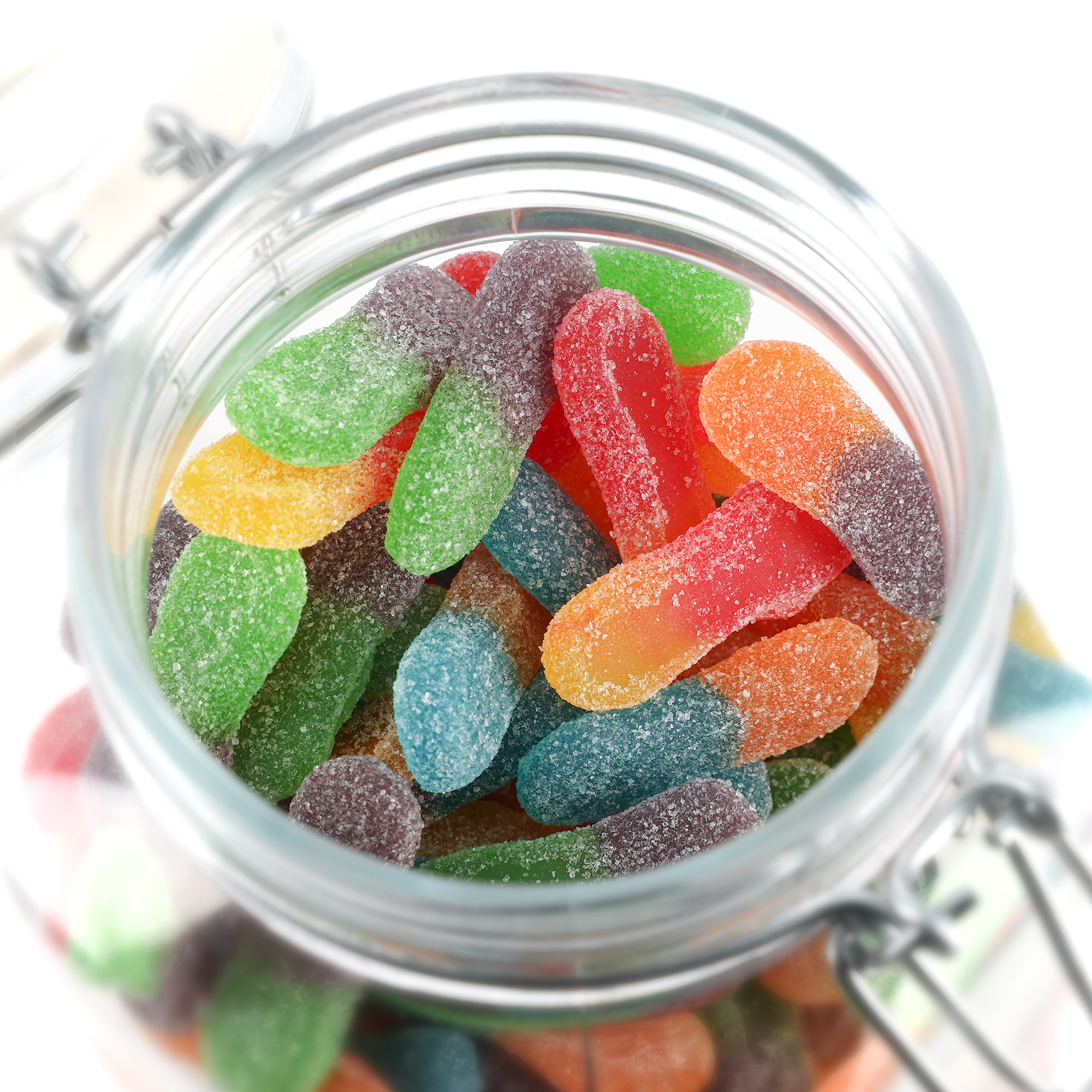 Tarro de dulces personalizado lleno de palitos de caramelo ácido de colores vibrantes, ideal para cualquier foto o logotipo.