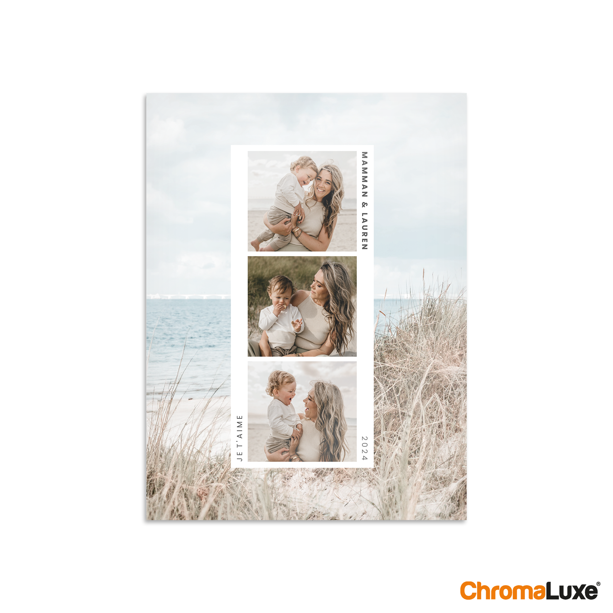 Tableau photo personnalisé ChromaLuxe avec trois photos imprimées et le texte Maman & Lauren, Je t'aime, 2024.
