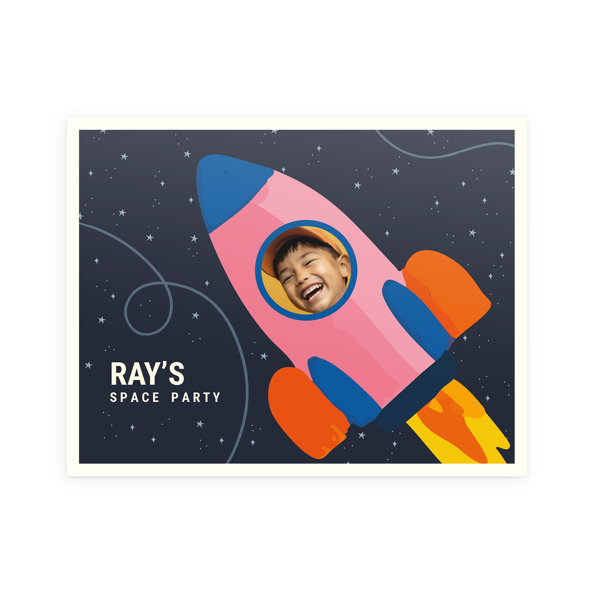 Personalized space-themed birthday invitation card with a child's photo and custom party details printed on it