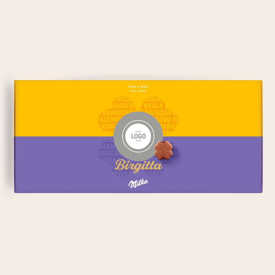 Personliga Milka presentförpackning - Tack En Milka chokladpresentask med namnet Birgitta och din egen logga. Säg det med Milka!