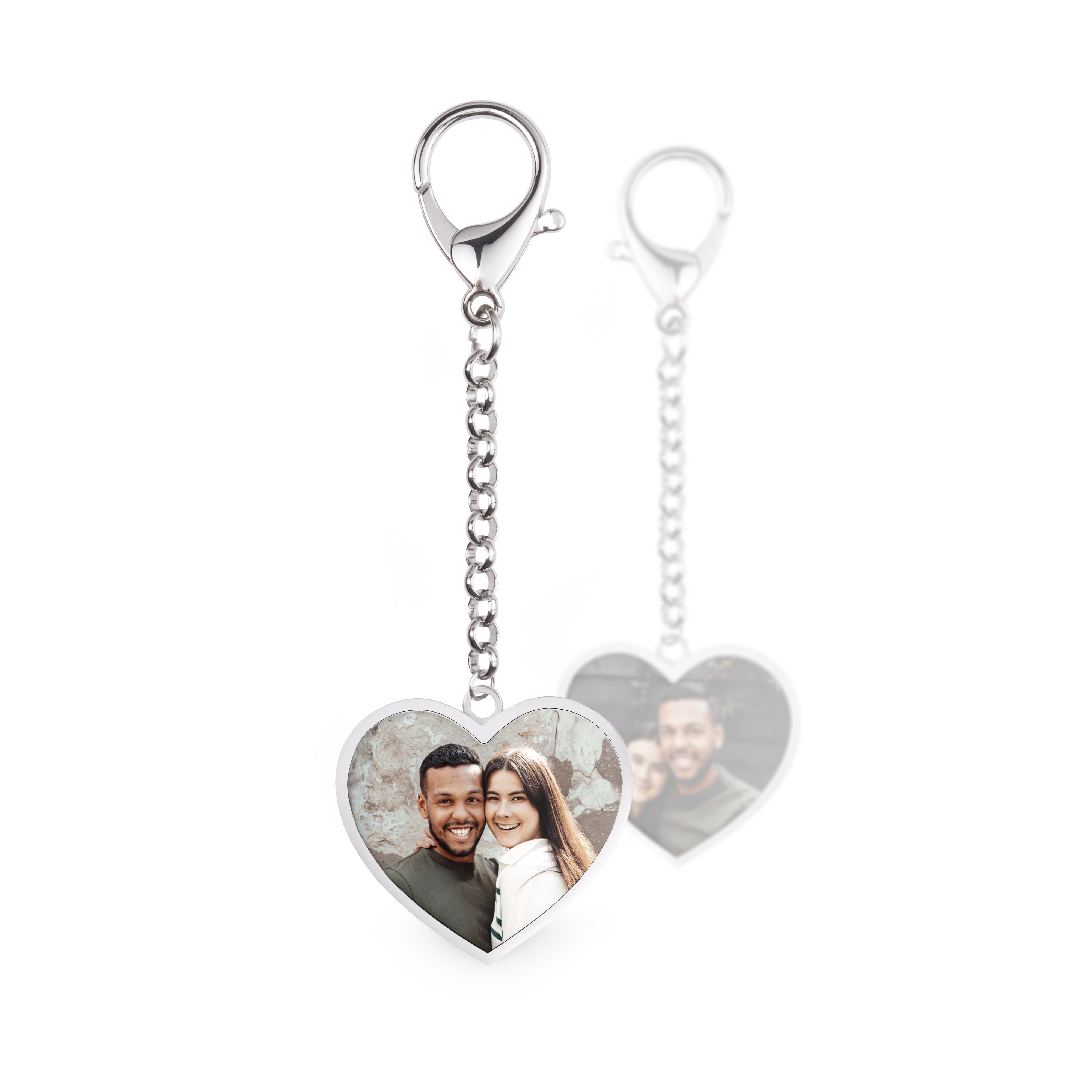 Heart-shaped keyring printed with a photo of a smiling couple on both sides