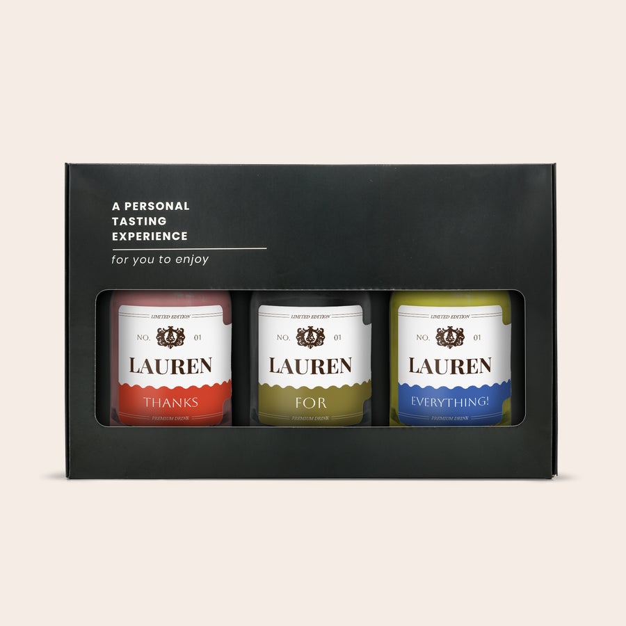 Degustare de alcool în miniatură - Gin roz - Limoncello - Gin Set personalizat de degustare de alcool în miniatură, cu etichete imprimate, incluzând numele Lauren și mesajul "Thanks For Everything!"