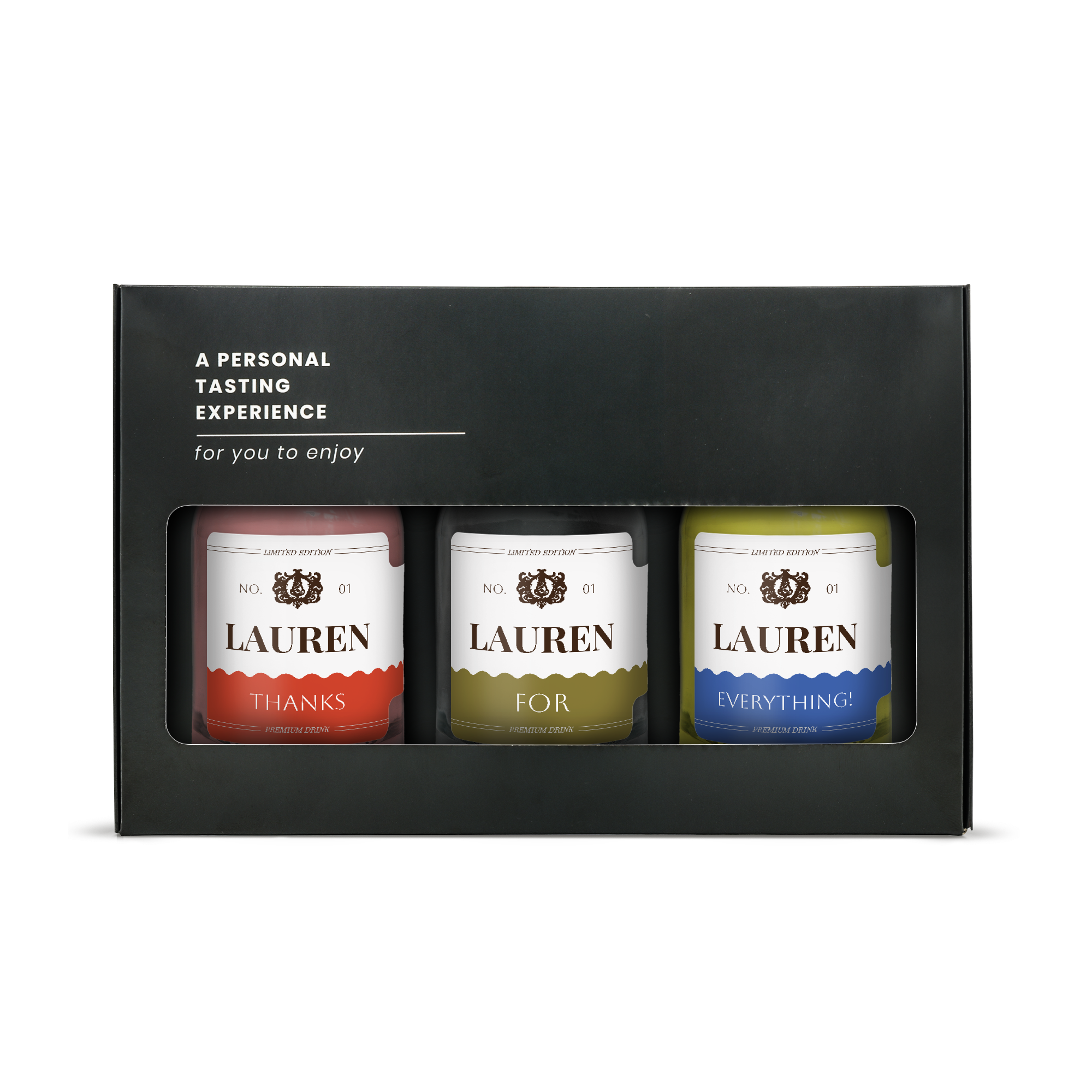 Személyre szabott miniatűr alkoholos kóstolókészlet fekete dobozban, Lauren névvel és üzenetekkel, színes nyomtatással