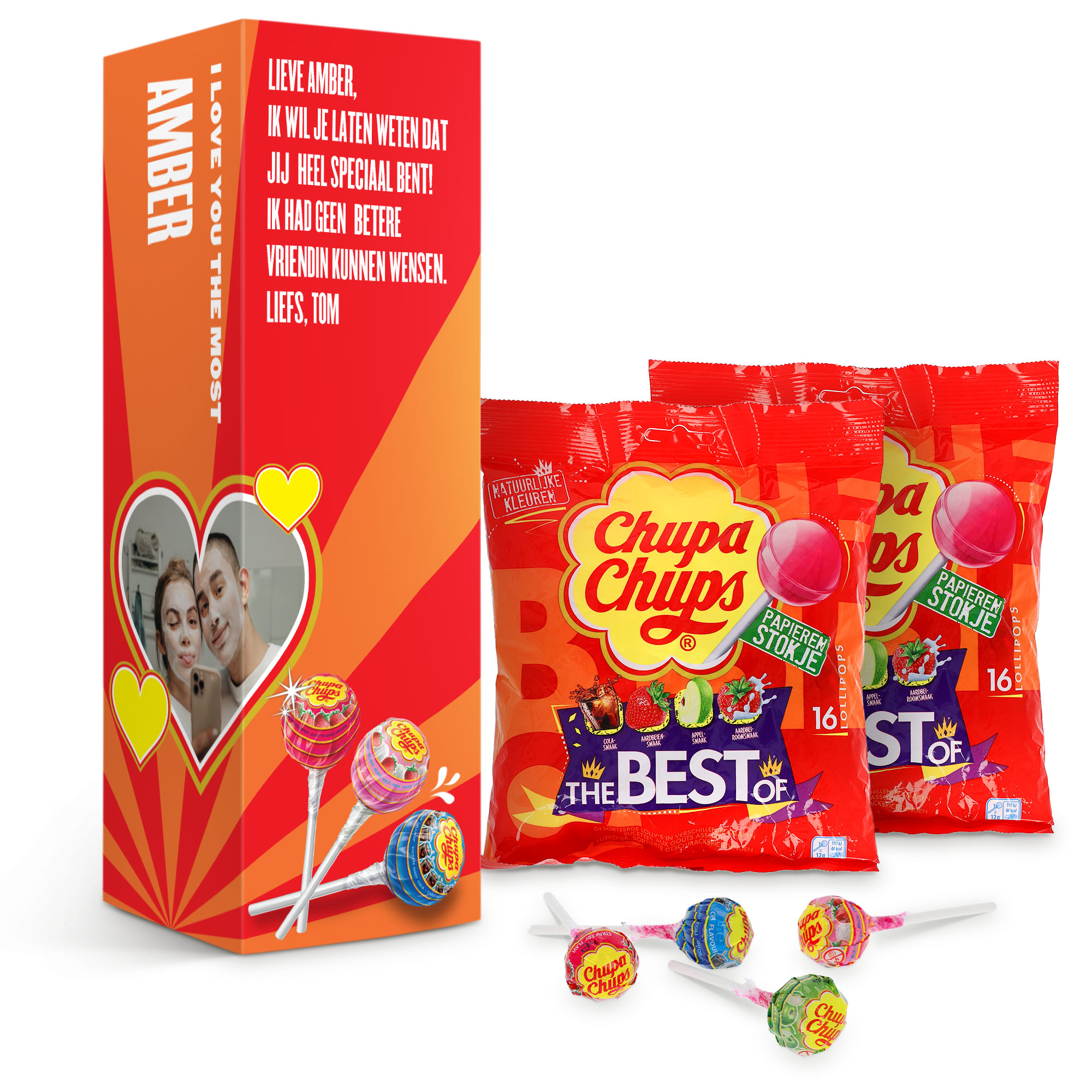 Rode Chupa Chups-giftbox, bedrukt met foto van een stel, de naam Amber en een persoonlijke boodschap. Bevat twee zakjes Chupa Chups lolly's om zoete herinneringen te maken.