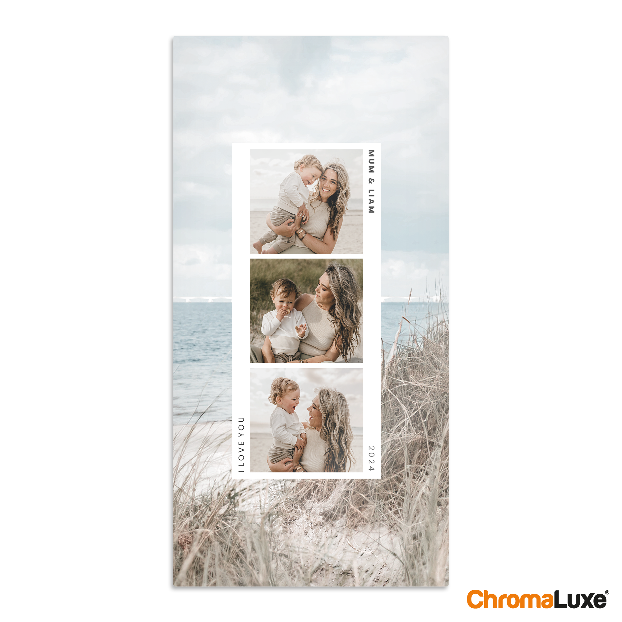 Chromaluxe aluminium photo prints with three personalized photos of a mother and child and the text Mum & Liam, I love you, and 2024