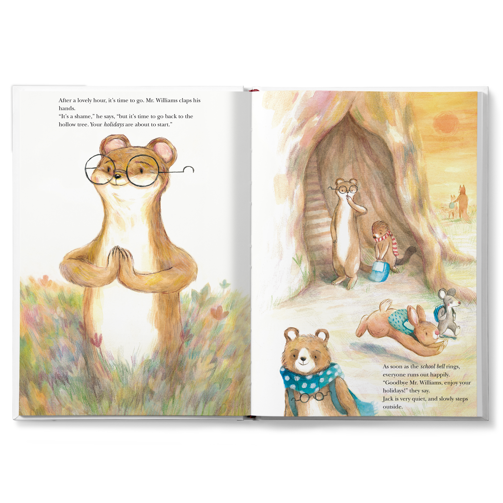 Personalized book for your teacher with "I'll miss you, teacher" text and animal illustrations.