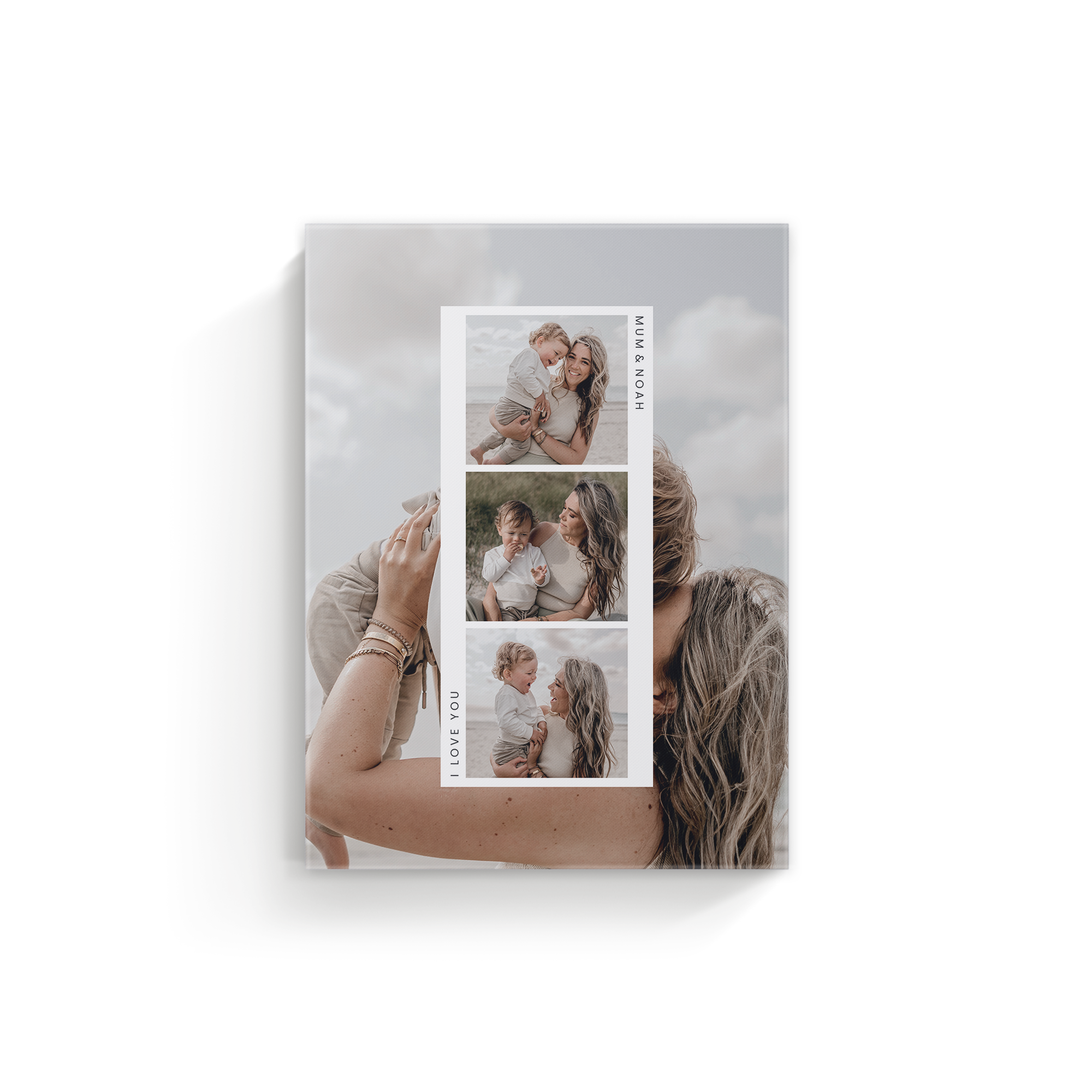 Lienzo de fotos personalizado con tres imágenes de una madre y su hijo, impreso con los textos "I love you" y "Mum & Noah", regalo original.