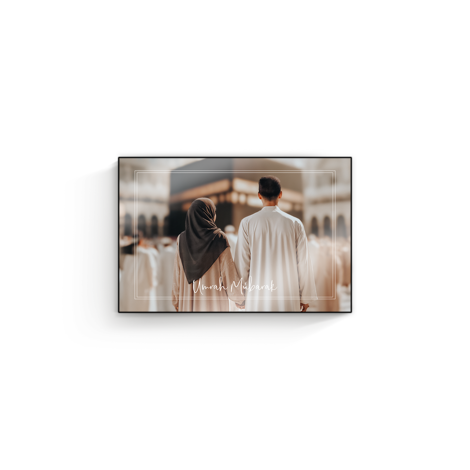 Pannello fotografico in legno ChromaLuxe personalizzato con foto di coppia e testo Umrah Mubarak