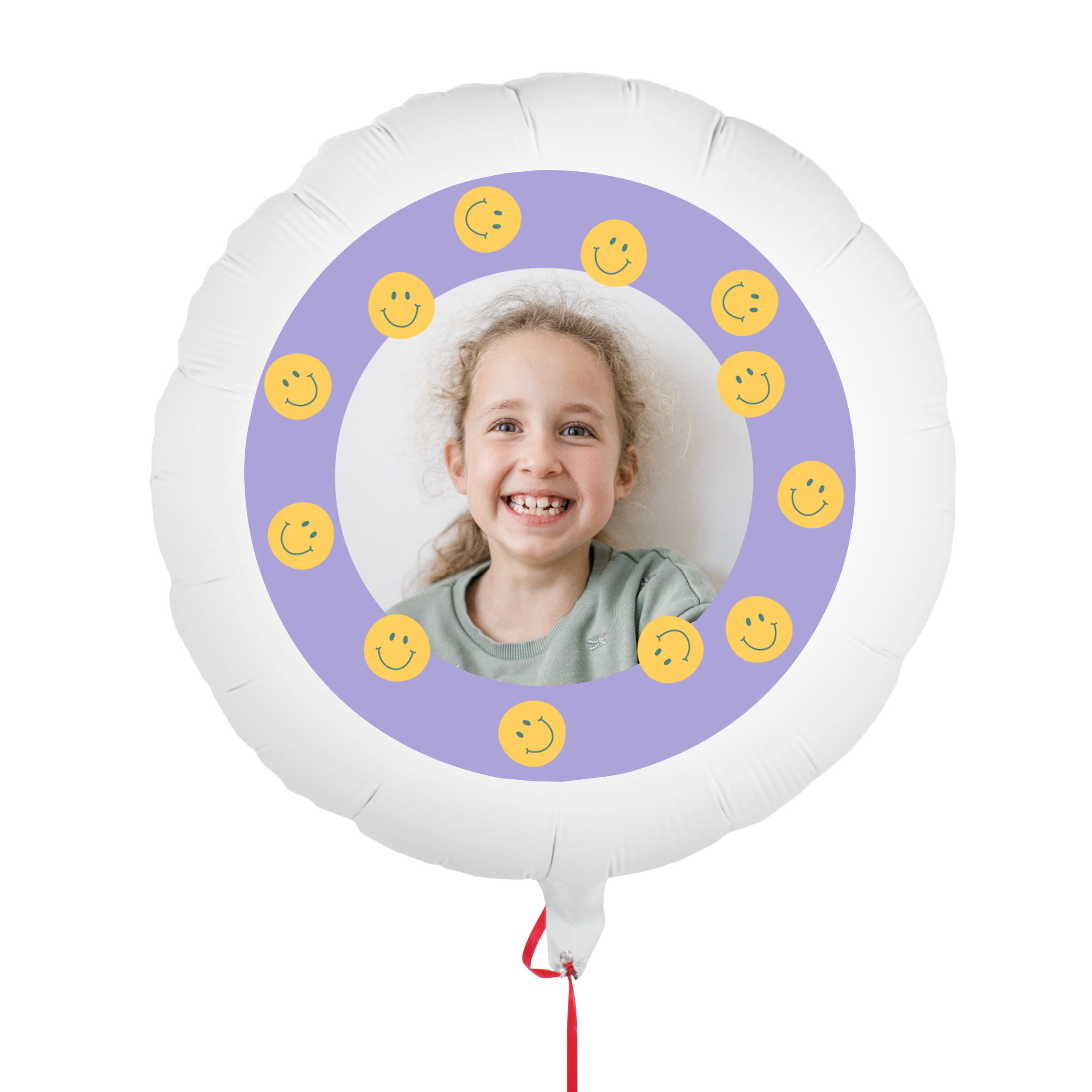 Round white customized balloon with a smiling child's photo and purple border with yellow emojis to surprise someone