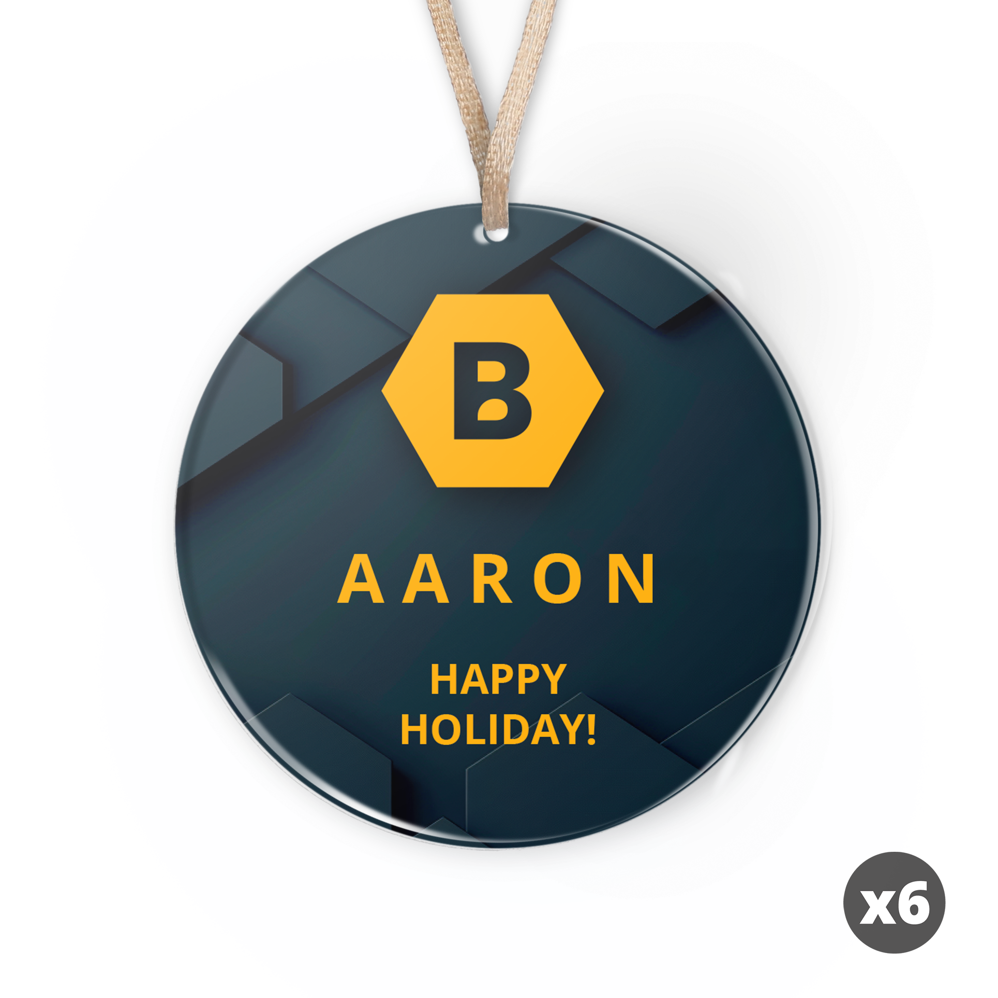 Decorazioni natalizie personalizzate in plexiglass stampate con logo lettera B nome Aaron e messaggio Happy Holiday