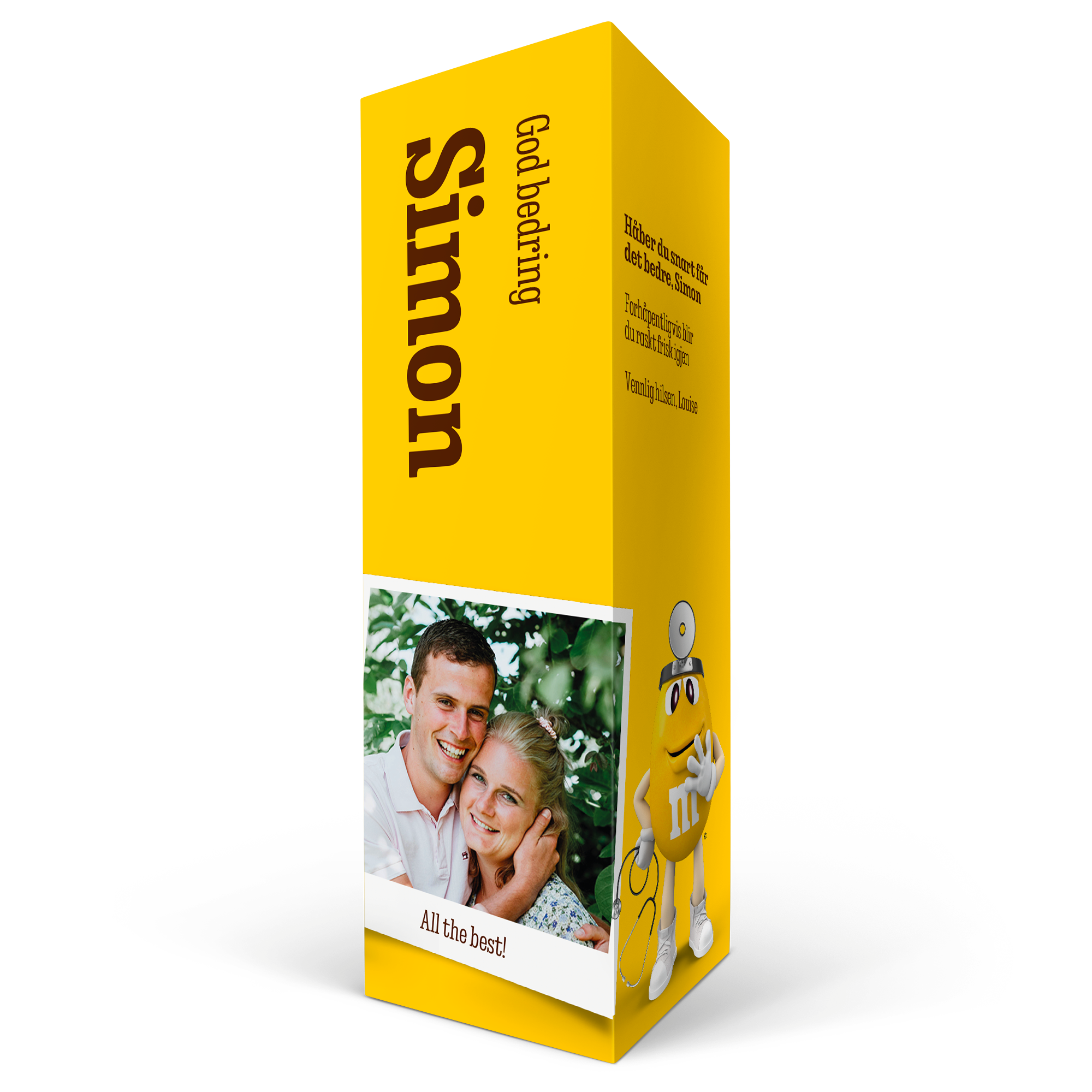 Gul personaliseret M&M's chokoladegave med trykt foto af et par, teksten Simon og God bedring