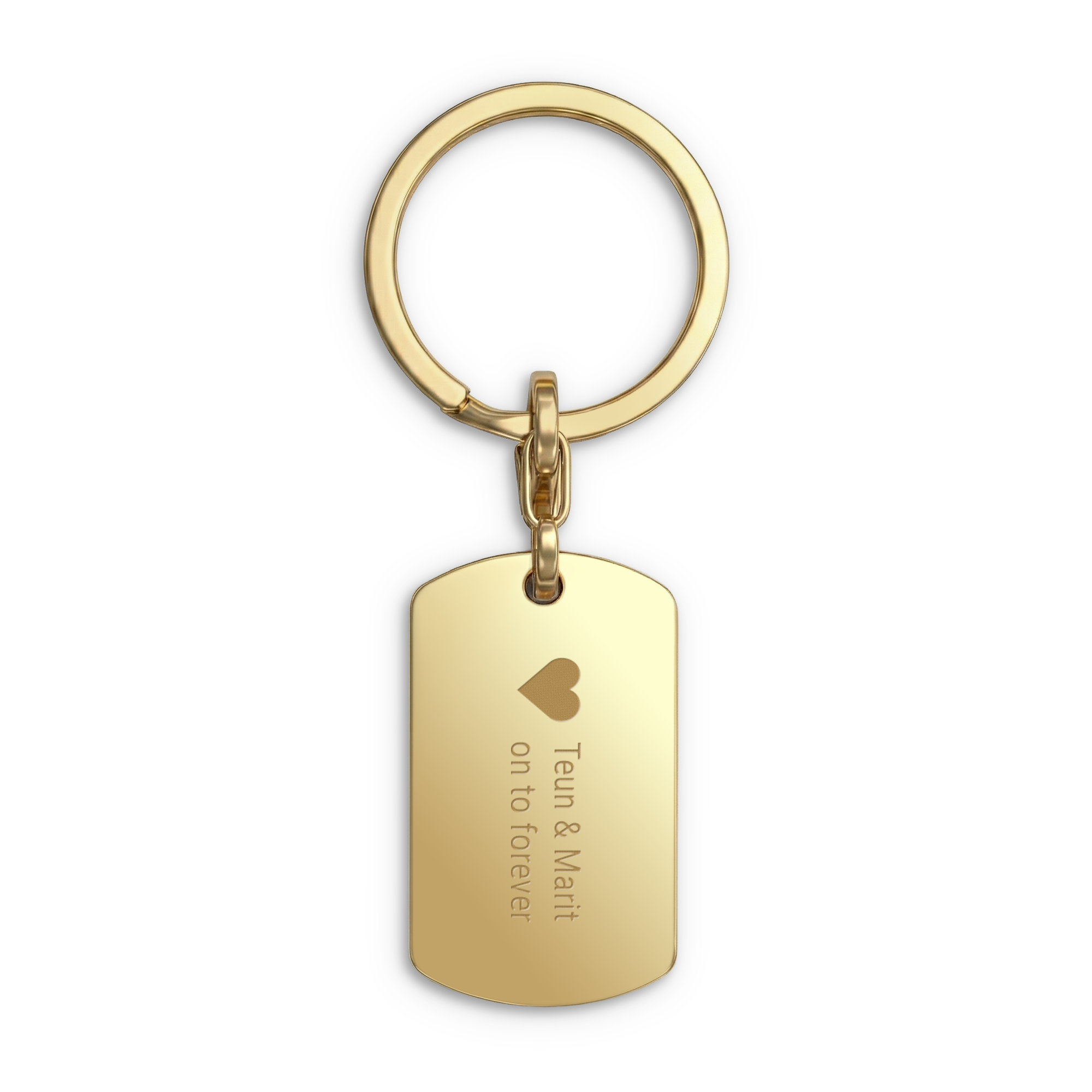 Sleutelhanger graveren - Dog tag - Goud. Gouden gepersonaliseerde sleutelhanger met gegraveerde namen Teun & Marit en een hartje.
