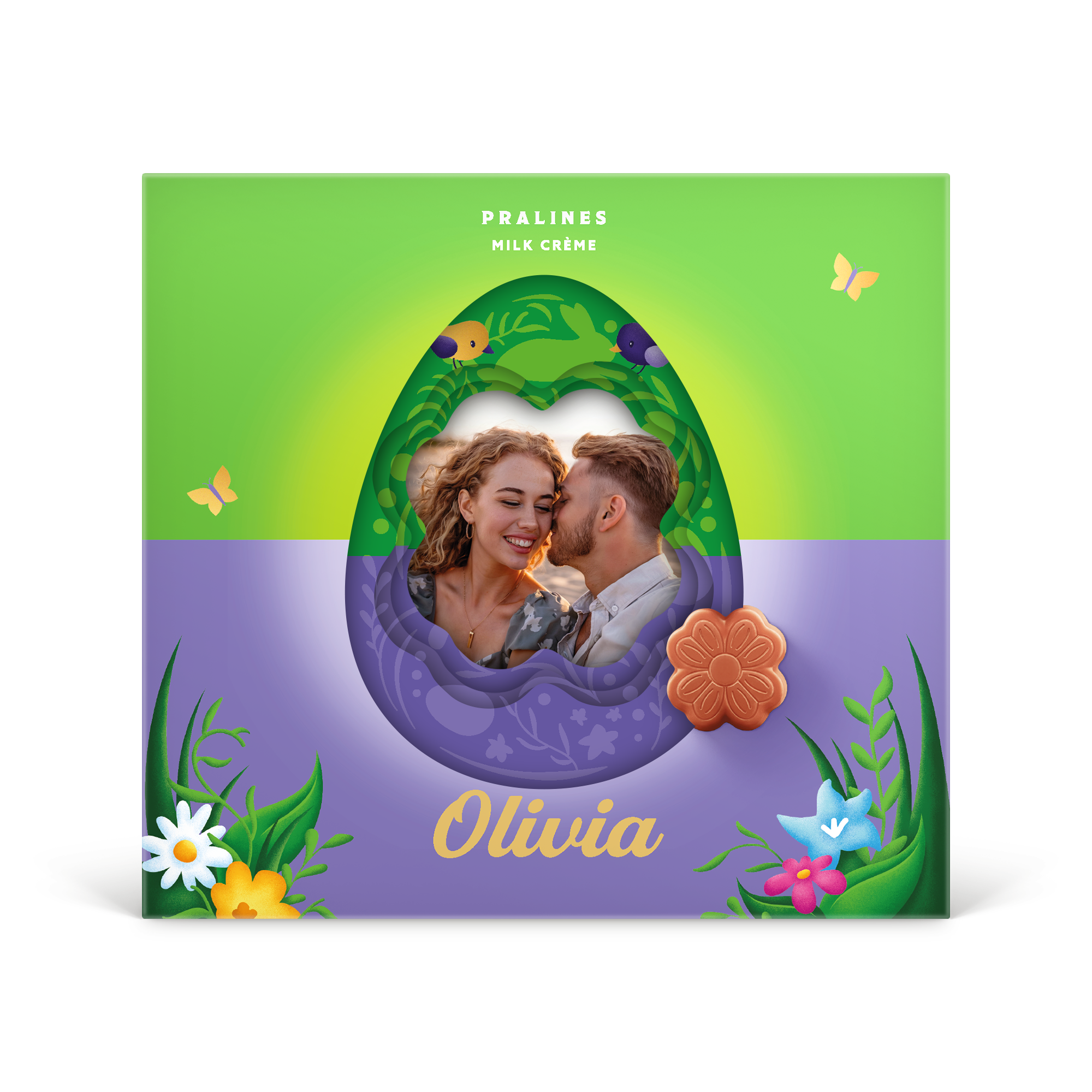 Caixa de presente Milka 3D personalizada para a Páscoa, impressa com foto de casal, nome Olivia e motivos florais.