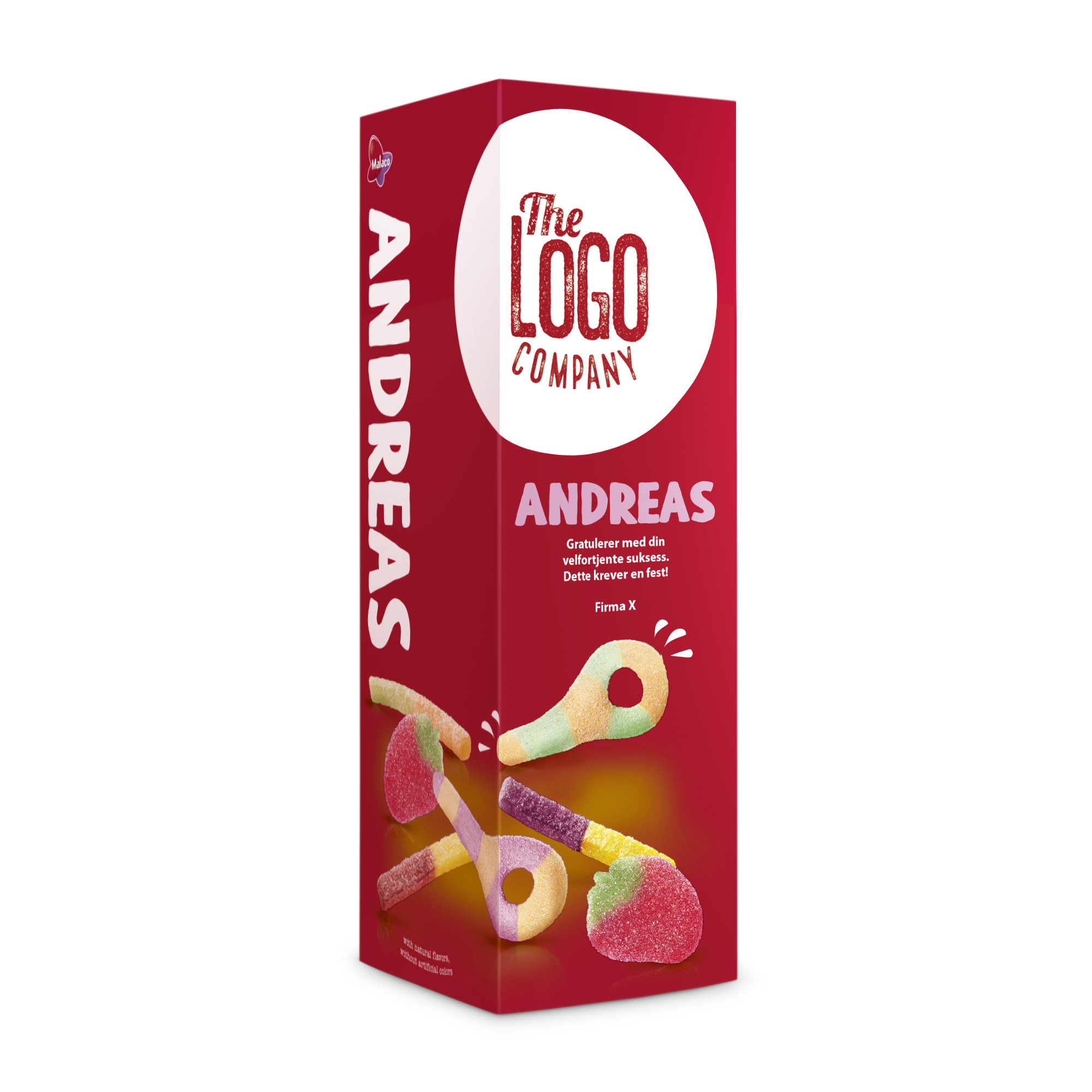 Personlig gaveeske med godteri, trykket med navn "Andreas" og logo.