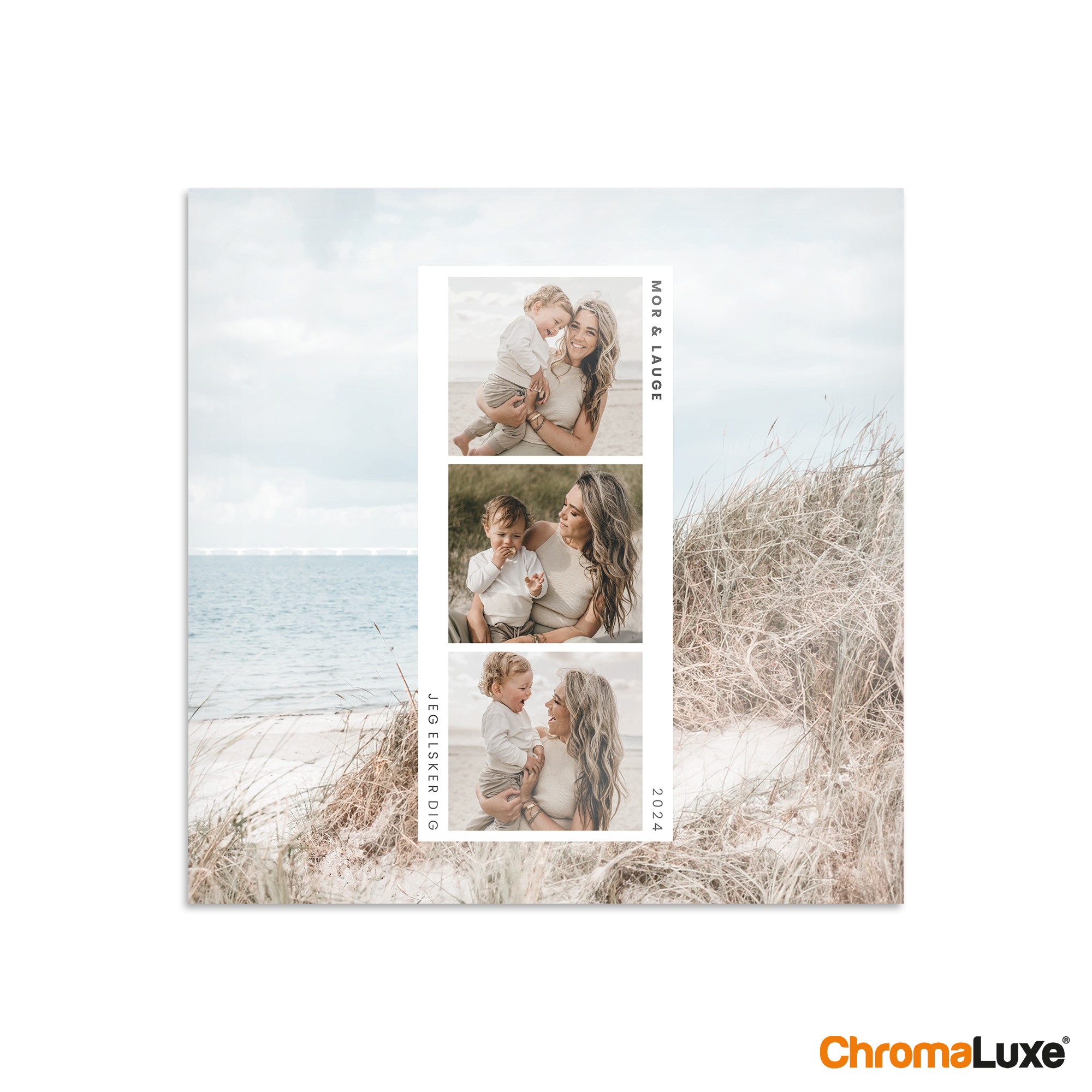 Chromaluxe aluminium fotoprint med 3 personaliserede billeder af mor og søn og teksten Mor & Lauge, Jeg elsker dig, 2024