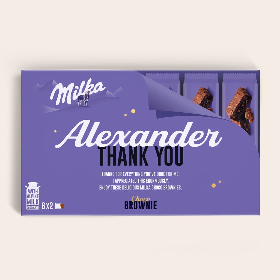 Milka Brownies Caja de regalo personalizada Milka Choco Brownie con el nombre "Alexander" y el mensaje "Thank You", impresa con un diseño morado.