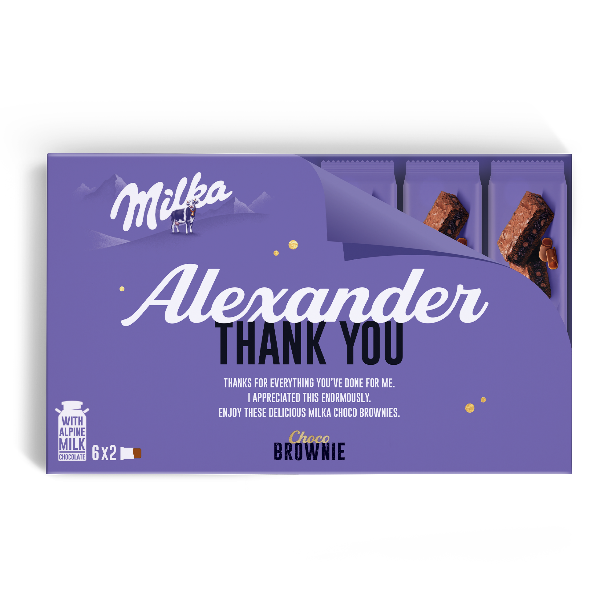 Spersonalizowane pudełko upominkowe Milka Choco Brownie z imieniem Alexander i podziękowaniem, nadrukowane zdjęciem.