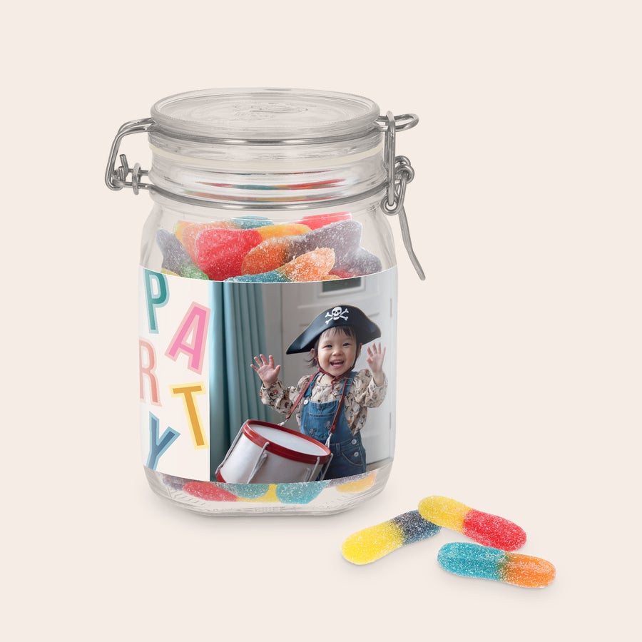 Frasco de doces personalizado Pote de doce personalizado com foto impressa de criança, cheio de palitos azedos coloridos