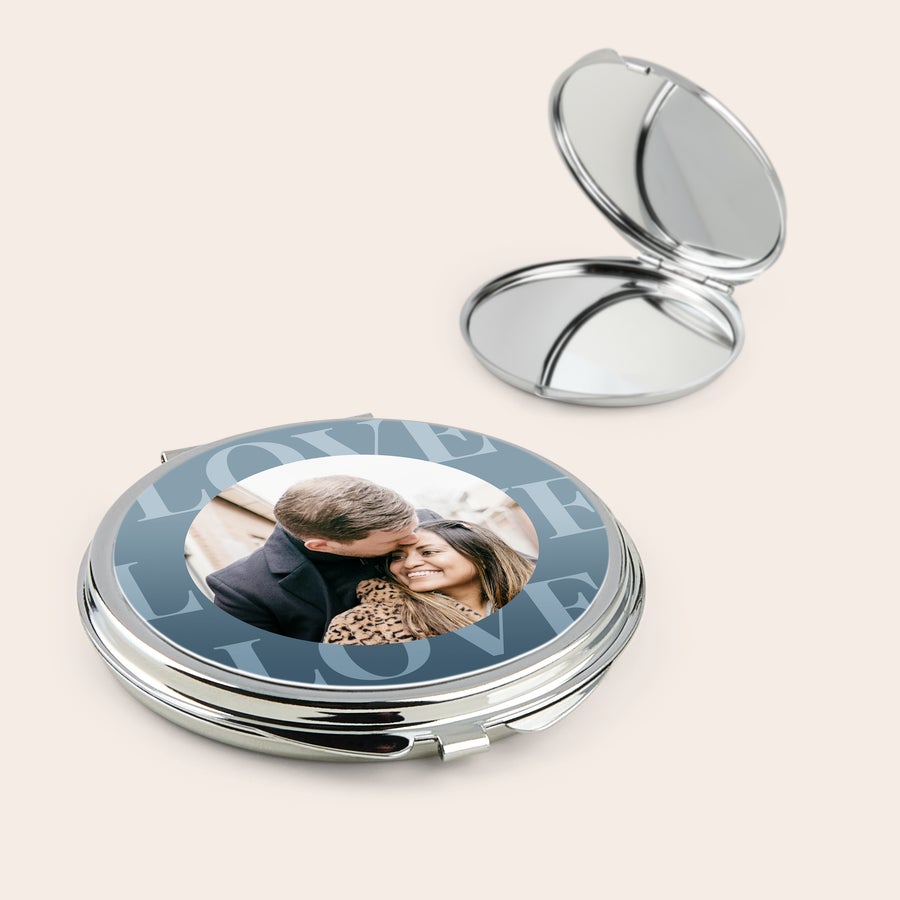 Make-up Mirror A silver compact make-up mirror printed with a custom photo of a couple and the word LOVE as a gift