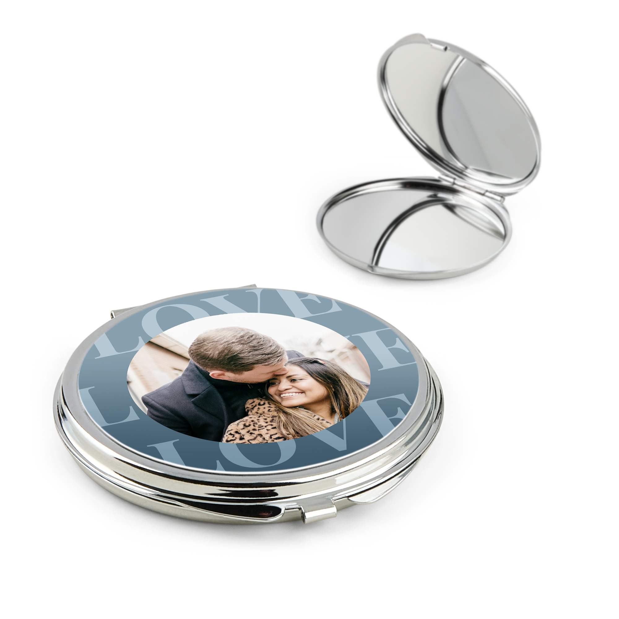 Specchio per il trucco personalizzato con foto di coppia e scritta LOVE. Regalo unico con foto.